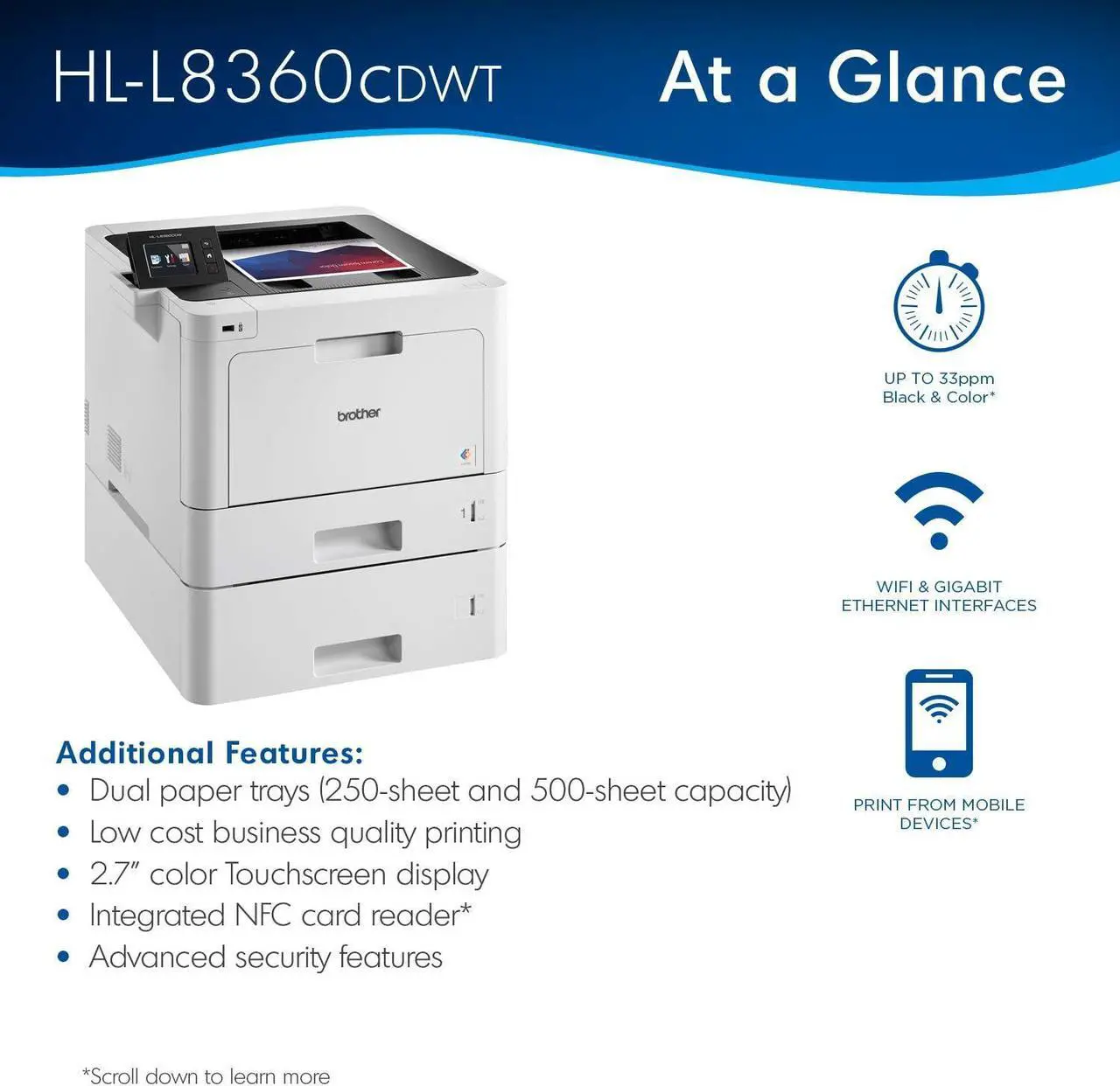 Alt view image 3 of 7 - Brother Printer HLL8360CDWT Business Color Laser Printer with Duplex Printing, Wireless Networking and Dual Trays, White