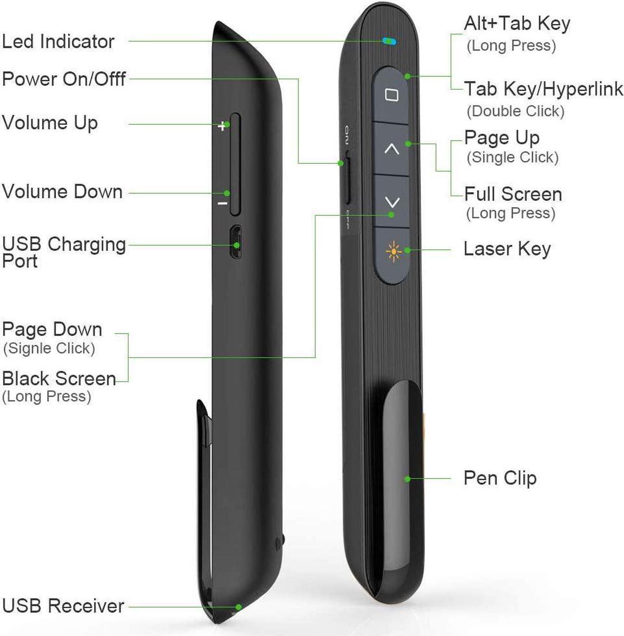 Alt view image 5 of 7 - N76 Rechargeable Presentation Clicker with Green Laser Pointer for Presentations Lazer Pointer PowerPoint Clicker Wireless Presenter Remote Slide Clicker for Presentation Long Range - Black