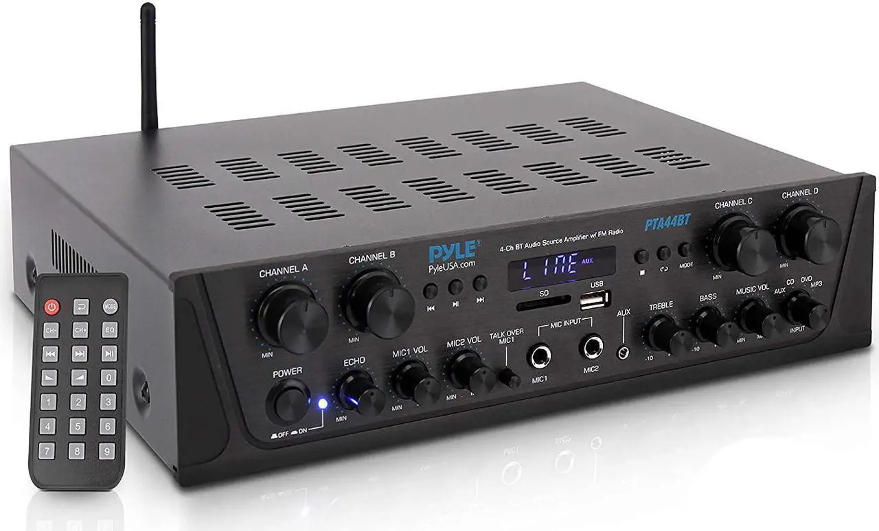 Main image of 500W Karaoke Wireless Bluetooth Amplifier - 4 Channel Stereo Audio Home Theater Speaker Sound Power Receiver with AUX IN, FM, RCA Subwoofer Speakers OUT, USB, Microphone IN with Echo - Pyle PTA44BT