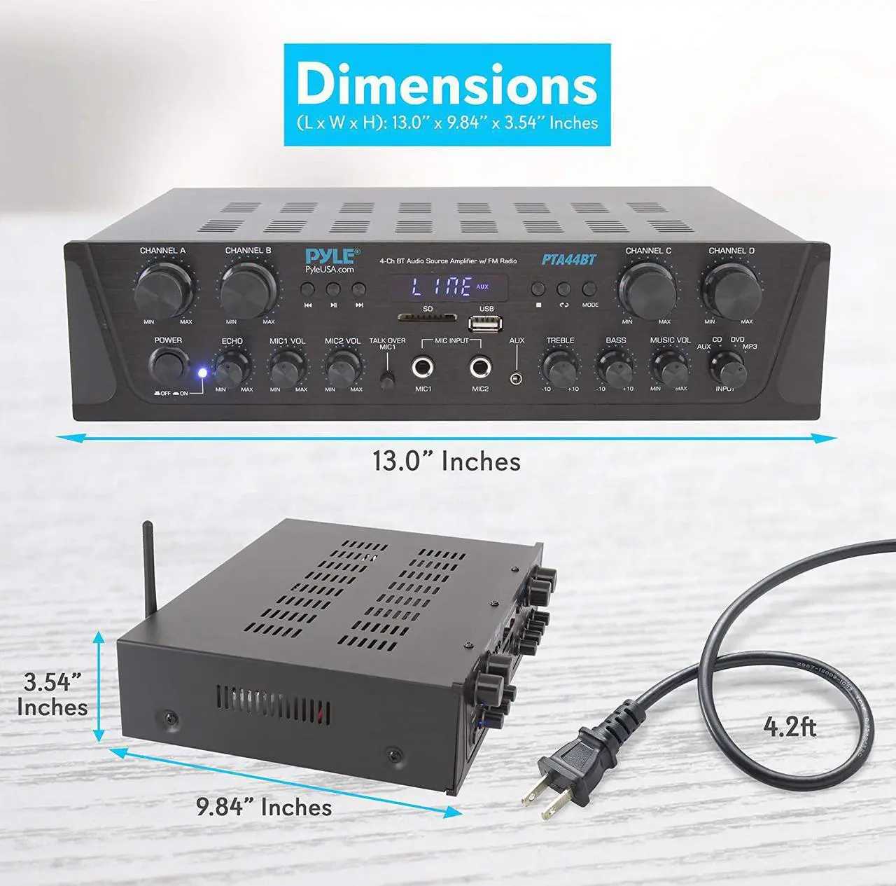 Alt view image 2 of 6 - 500W Karaoke Wireless Bluetooth Amplifier - 4 Channel Stereo Audio Home Theater Speaker Sound Power Receiver with AUX IN, FM, RCA Subwoofer Speakers OUT, USB, Microphone IN with Echo - Pyle PTA44BT
