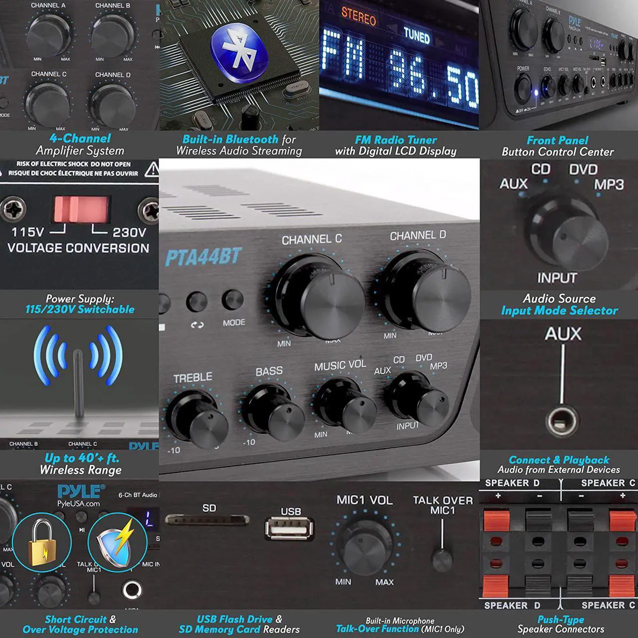 Alt view image 3 of 6 - 500W Karaoke Wireless Bluetooth Amplifier - 4 Channel Stereo Audio Home Theater Speaker Sound Power Receiver with AUX IN, FM, RCA Subwoofer Speakers OUT, USB, Microphone IN with Echo - Pyle PTA44BT