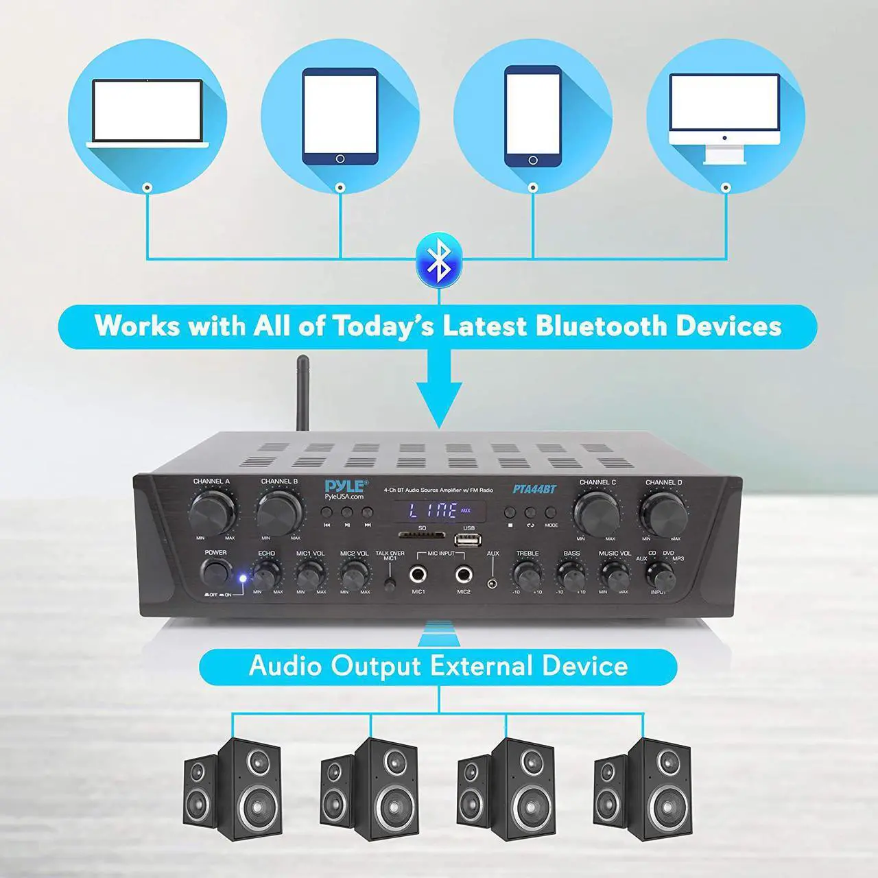Alt view image 4 of 6 - 500W Karaoke Wireless Bluetooth Amplifier - 4 Channel Stereo Audio Home Theater Speaker Sound Power Receiver with AUX IN, FM, RCA Subwoofer Speakers OUT, USB, Microphone IN with Echo - Pyle PTA44BT