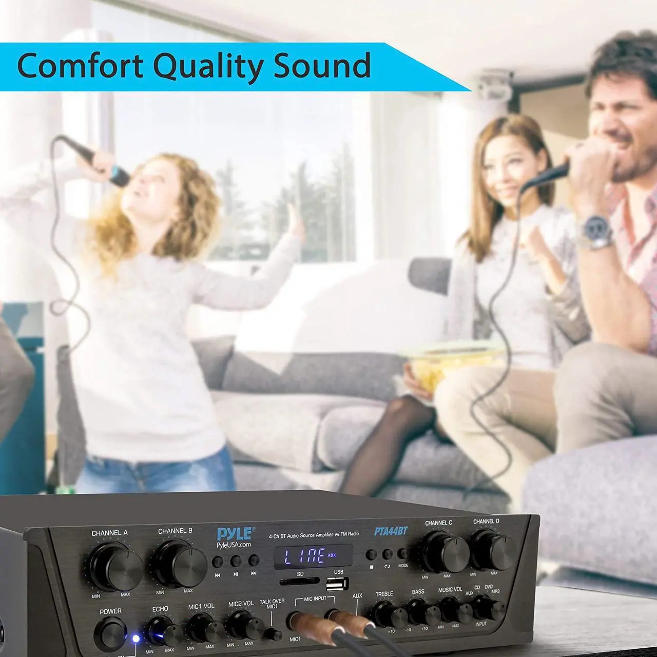 Alt view image 6 of 6 - 500W Karaoke Wireless Bluetooth Amplifier - 4 Channel Stereo Audio Home Theater Speaker Sound Power Receiver with AUX IN, FM, RCA Subwoofer Speakers OUT, USB, Microphone IN with Echo - Pyle PTA44BT