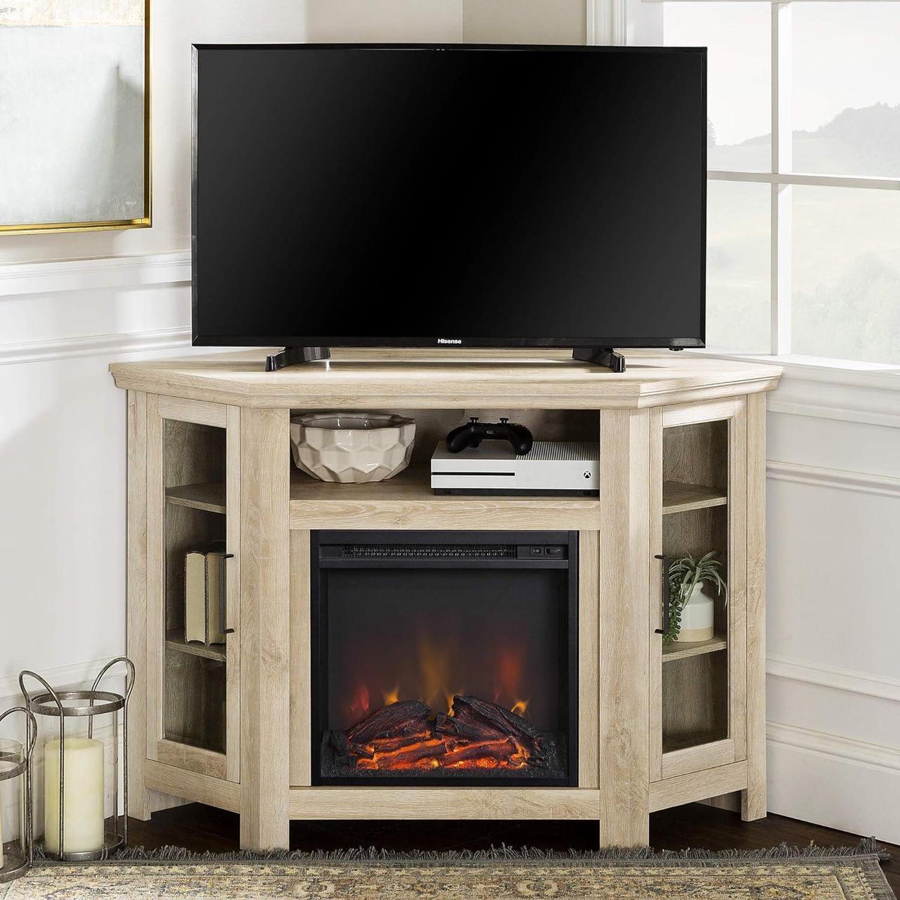 Main image of Walker Edison Alcott Classic Glass Door Fireplace Corner TV Stand for TVs up to 55 Inches, 48 Inch, White Oak