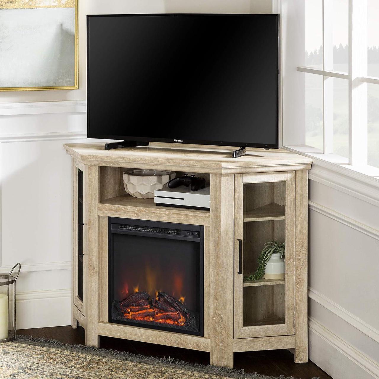 Alt view image 2 of 7 - Walker Edison Alcott Classic Glass Door Fireplace Corner TV Stand for TVs up to 55 Inches, 48 Inch, White Oak