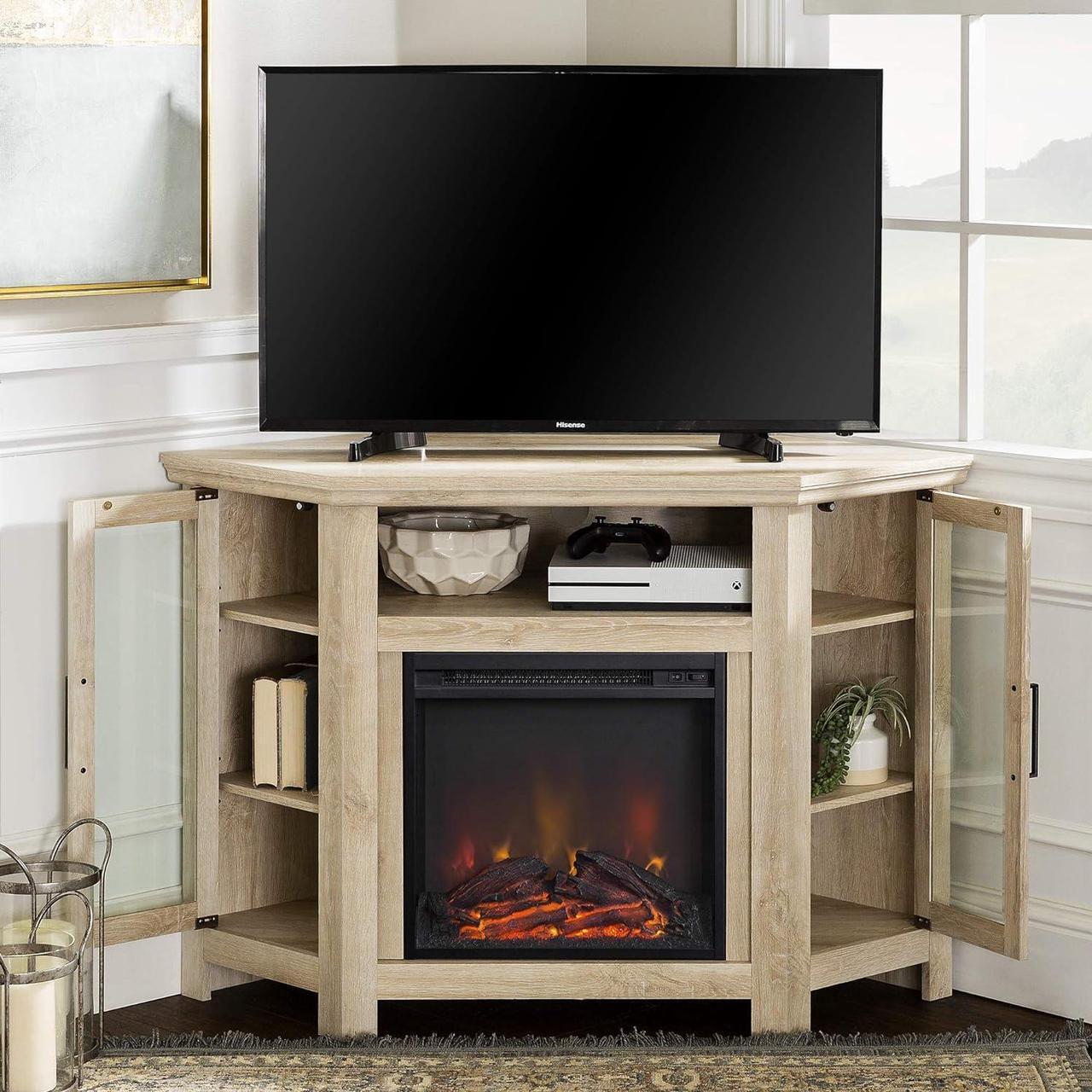 Alt view image 3 of 7 - Walker Edison Alcott Classic Glass Door Fireplace Corner TV Stand for TVs up to 55 Inches, 48 Inch, White Oak