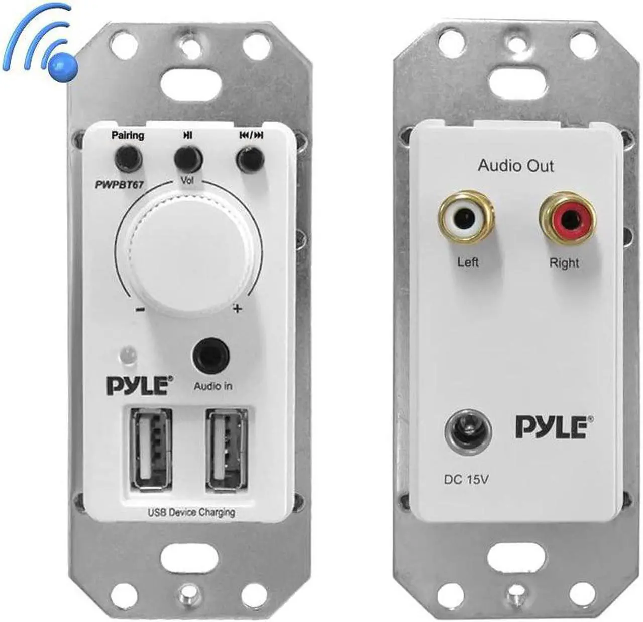 Alt view image 7 of 7 - Bluetooth Receiver Wall Mount - In-Wall Audio Control Receiver w/ Dual USB Charging Port, 3.5mm AUX Input for Sound Systems - For Home Theater Entertainment - Includes DC Power Adaptor - PWPBT67