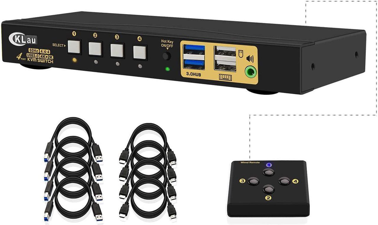 HDMI KVM Switch 4 Port, 4 Port HDMI 2.0 USB 3.0 KVM Switch with Cables, 2 pcs USB 3.0 Hub and Audio Output Supports Wireless/Mechanical/Gaming Keyboard Mouse