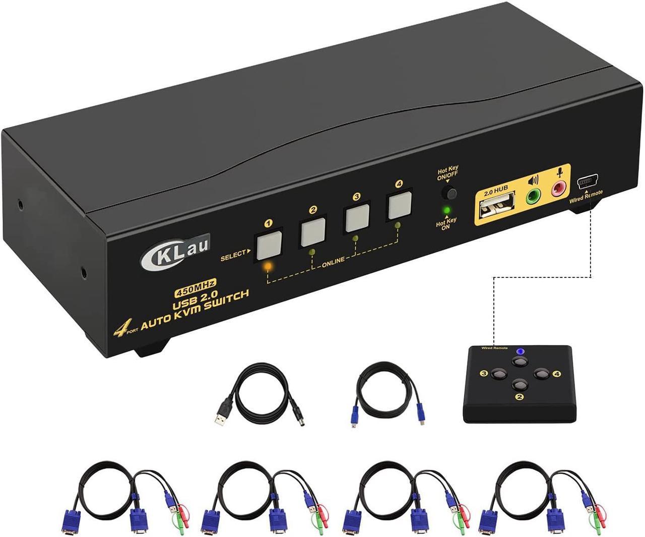 CKLau 4 Port 450MHz USB Auto VGA KVM Switch with Audio and Cables, Monitor Switch for Multiple Computers Support Windows, Linux, Mac, Debian, Ubuntu, Fedora, Raspbian, Ubuntu