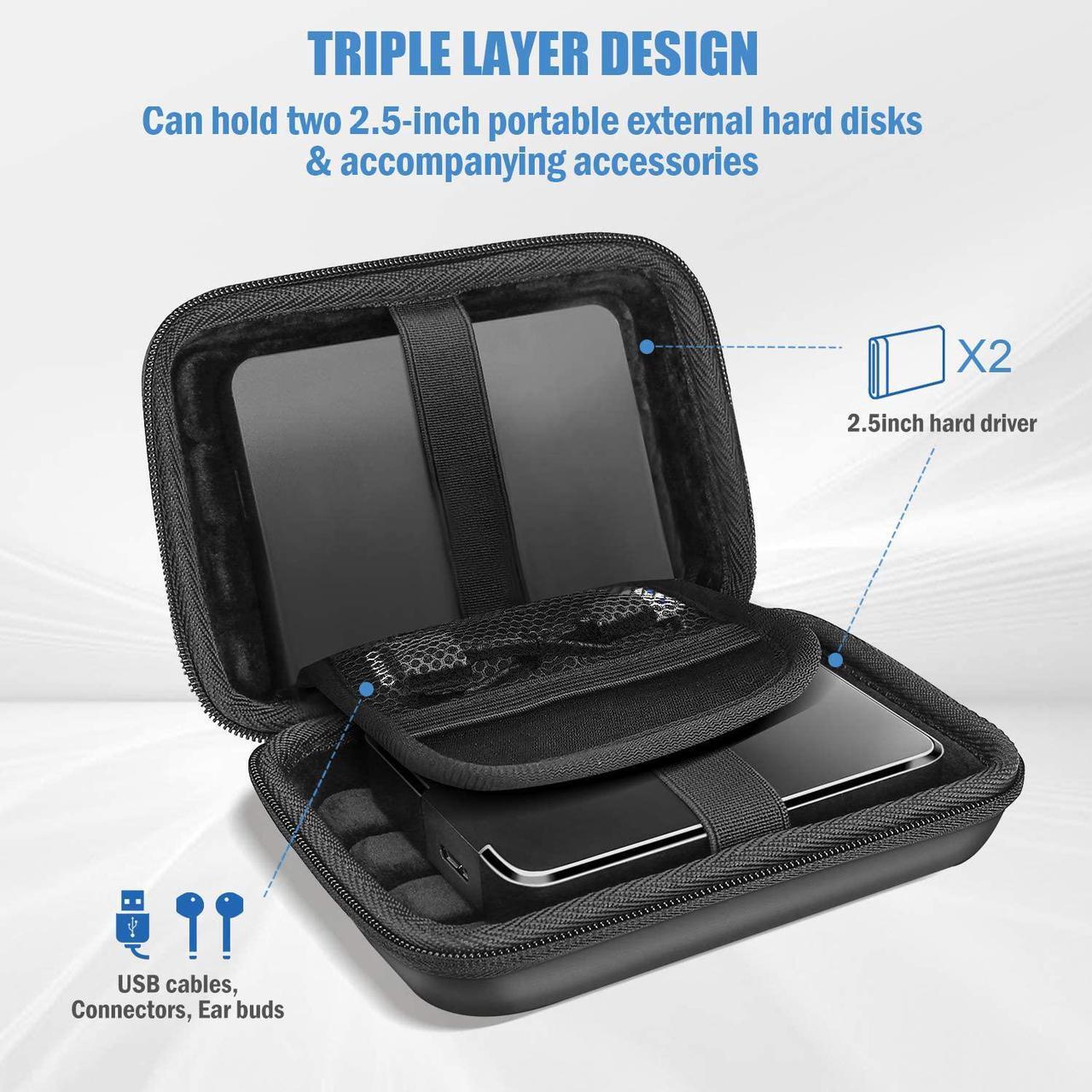 Alt view image 4 of 7 - Hard Drive Case 2.5 Inch for Elements WD My Passport Canvio Basics  Backup Plus Slim Expansion 1TB 2TB 3TB 4TB Portable External Hard Drive Carrying Case -Black