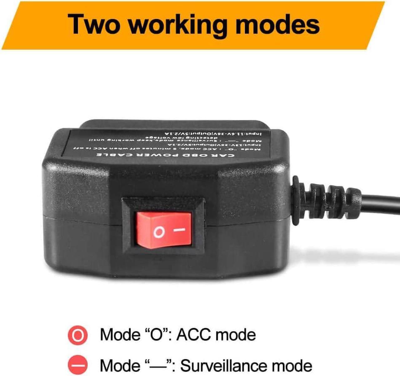 Alt view image 3 of 7 - OBD2 OBD Power Cable for Dash Camera, Ssontong OBD to Mini USB OBDII Adapter Hardwire Charger Cable 24 Hours Surveillance and Acc Two Mode with Switch Button(Mini USB Port)