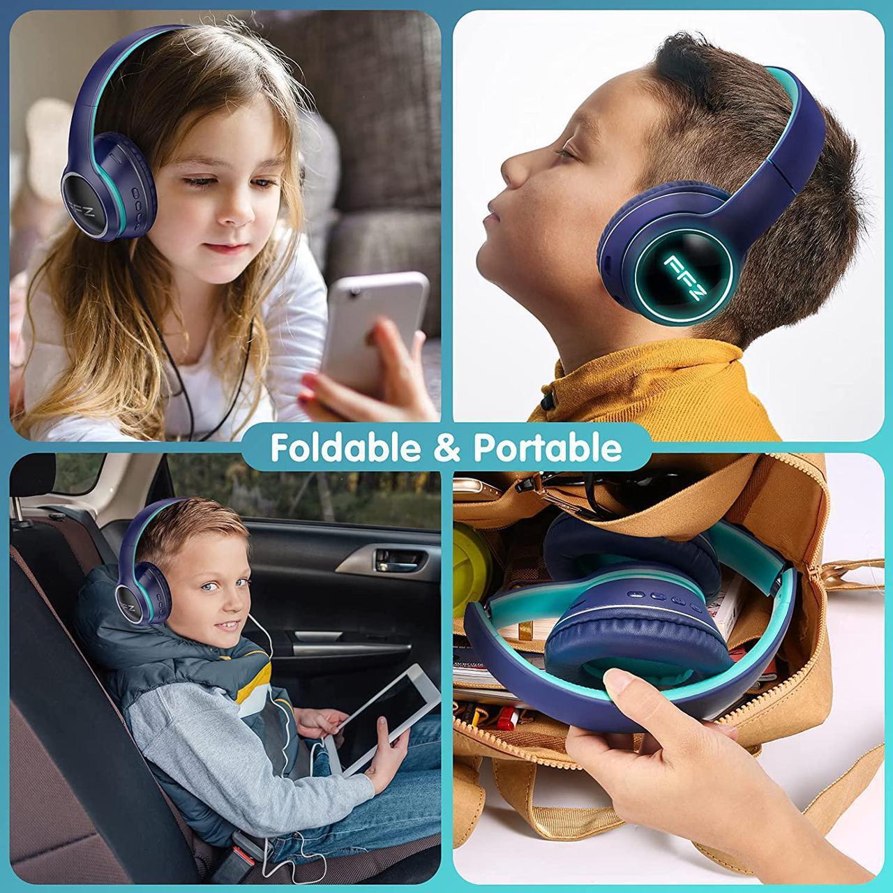 Alt view image 5 of 6 - FFZ Kids Bluetooth Headphones, Kids Wireless Headphones, Headphones for Kids for School, Built-in Microphone, Colorful LED Lights, Foldable Headset, for Ipad/Tablet/Car/Airplane(Navy Blue)