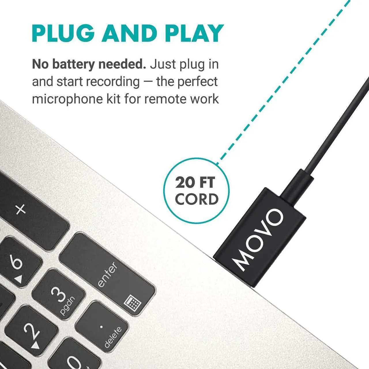 Alt view image 3 of 6 - Movo M1 USB Lavalier Lapel Clip-on Omnidirectional Computer Microphone for Laptop, PC and Mac, Perfect Podcasting, Gaming, Streaming and Desktop Mic (20-foot Cord)