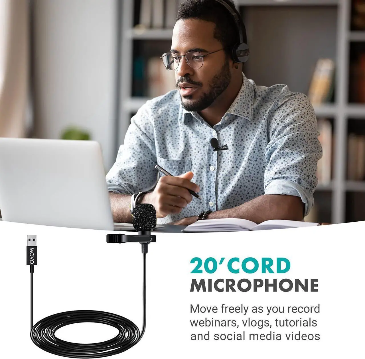 Alt view image 5 of 6 - Movo M1 USB Lavalier Lapel Clip-on Omnidirectional Computer Microphone for Laptop, PC and Mac, Perfect Podcasting, Gaming, Streaming and Desktop Mic (20-foot Cord)