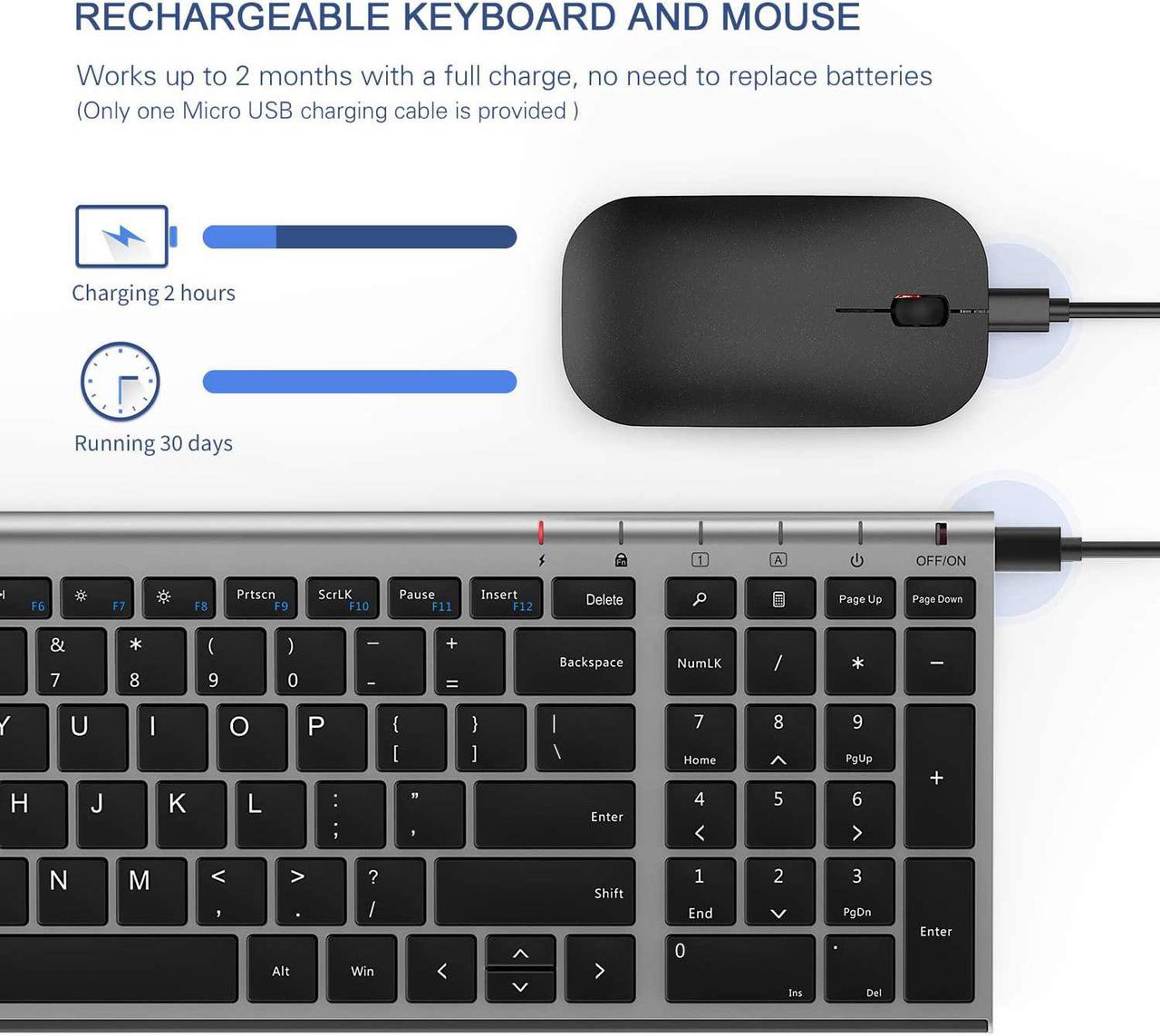 Alt view image 2 of 7 - Rechargeable Wireless Keyboard Mouse,  Slim Thin Low Profile Keyboard and Mouse Combo with Numeric Keypad Silent Keys for Windows 7/8/10/11 PC Laptp Computer, Gray