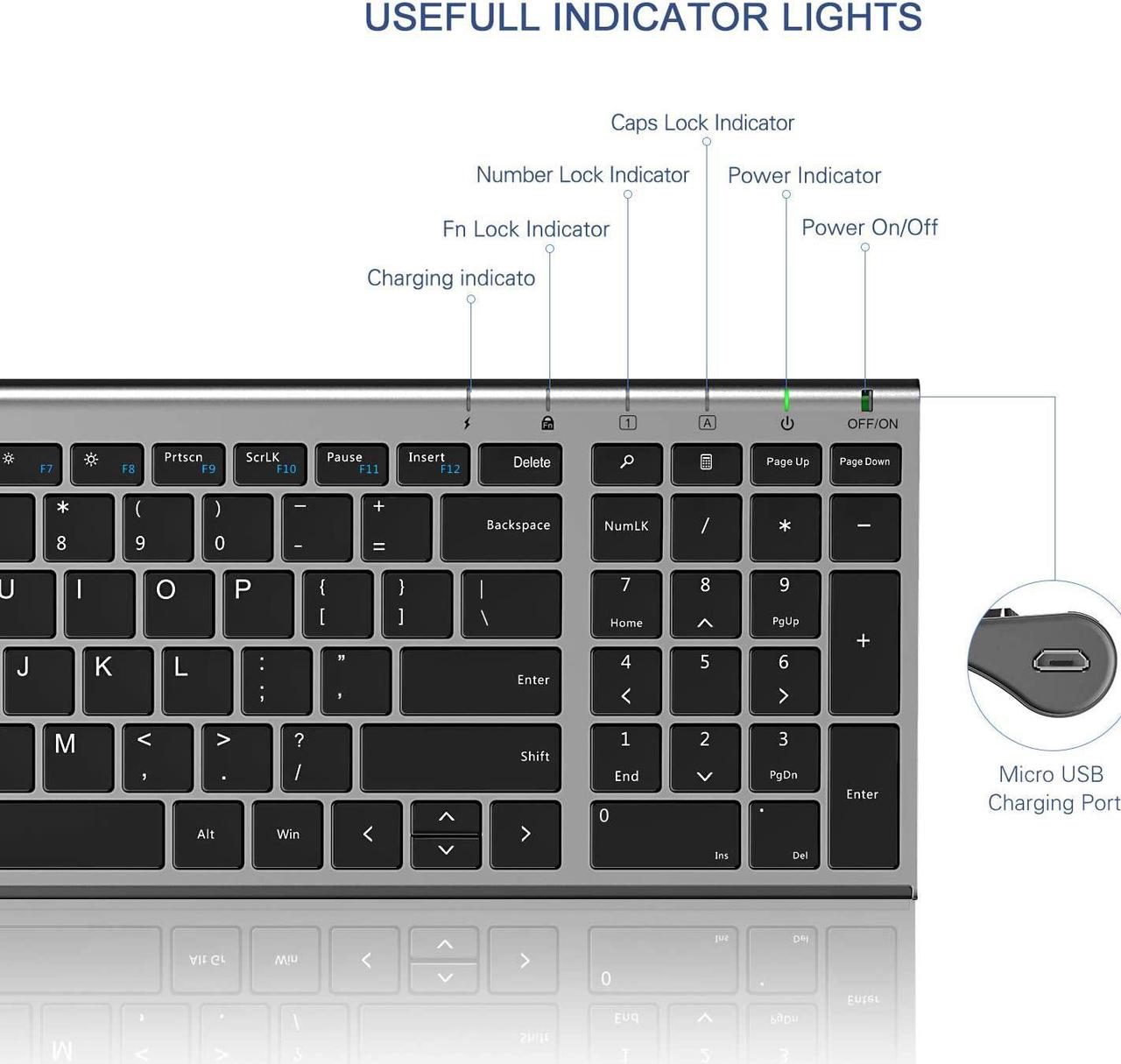 Alt view image 6 of 7 - Rechargeable Wireless Keyboard Mouse,  Slim Thin Low Profile Keyboard and Mouse Combo with Numeric Keypad Silent Keys for Windows 7/8/10/11 PC Laptp Computer, Gray
