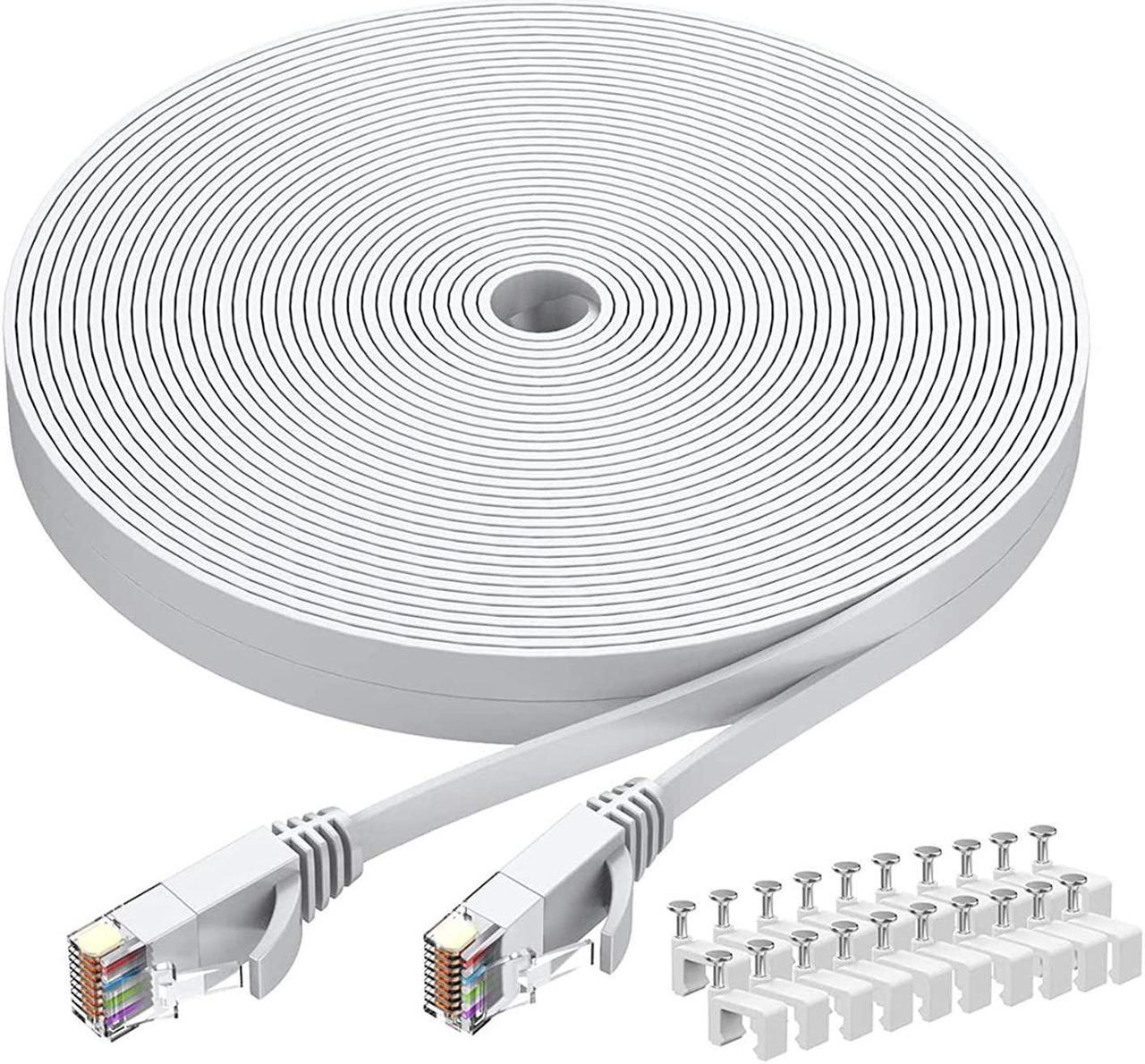 Cat6 Ethernet Cable 100 FT White, BUSOHE Cat-6 Flat Computer Internet LAN Network Ethernet Patch Cable Cord, RJ45 LAN Wire - 100 Feet