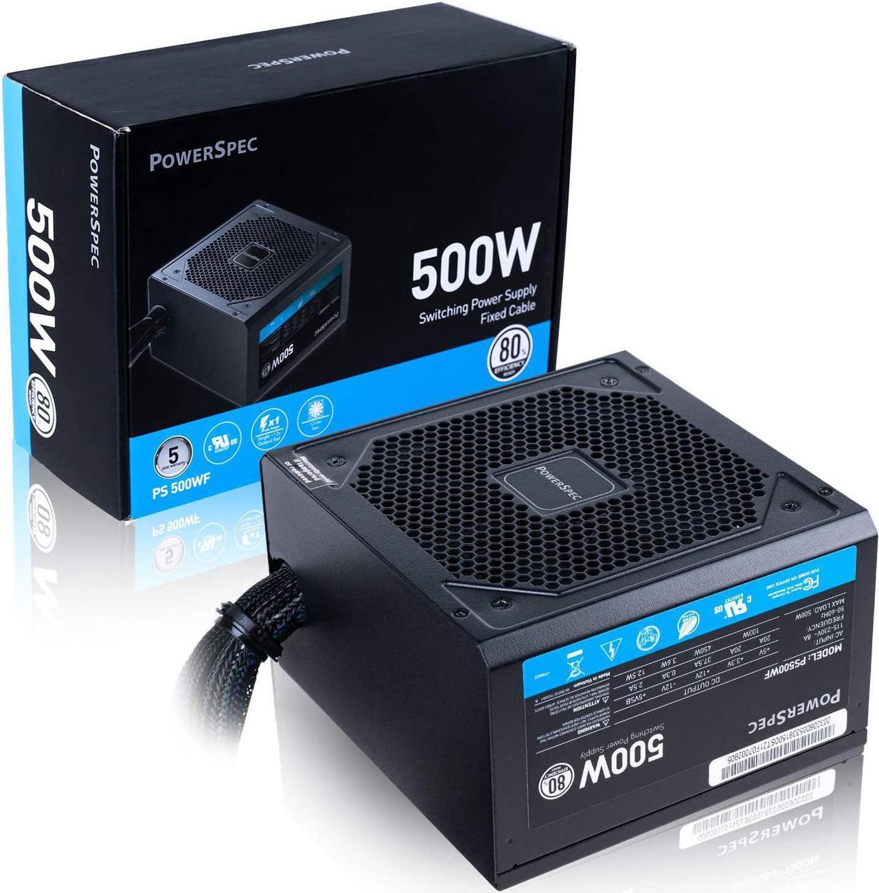 Main image of PowerSpec 500W Power Supply 80 Plus Certified Fixed Cable Non-Modular ATX PSU Active PFC SLI Crossfire Ready Gaming PC Computer Switching Power Supply, PS500WF