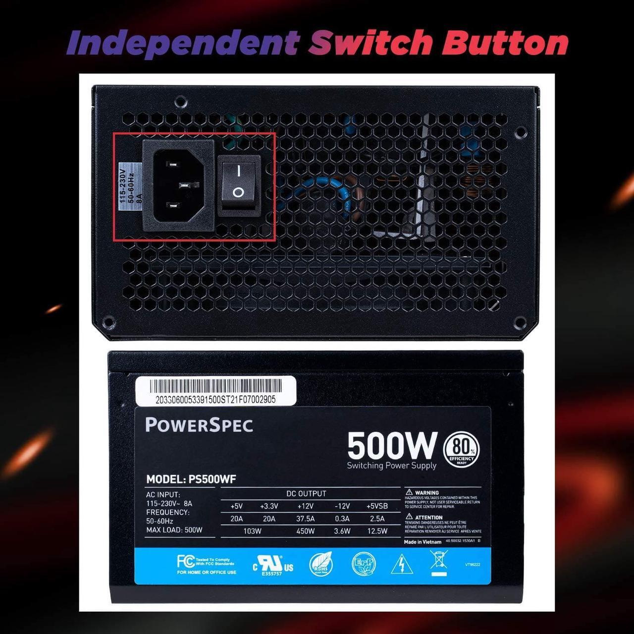 Alt view image 5 of 7 - PowerSpec 500W Power Supply 80 Plus Certified Fixed Cable Non-Modular ATX PSU Active PFC SLI Crossfire Ready Gaming PC Computer Switching Power Supply, PS500WF