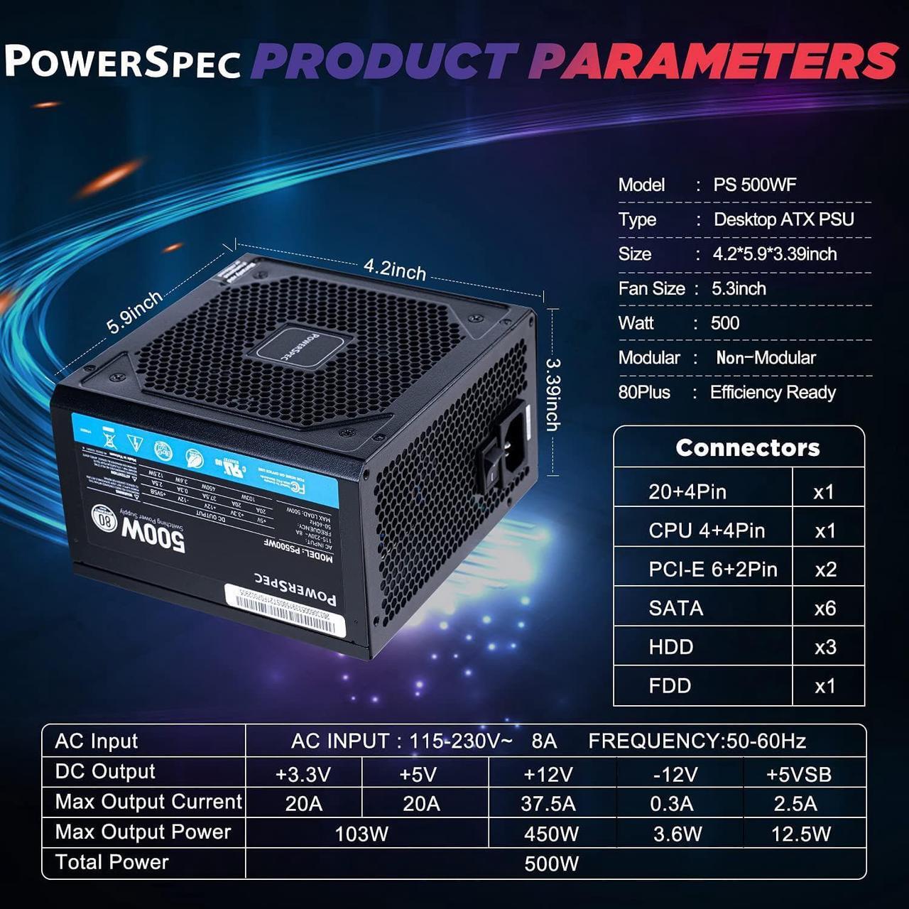 Alt view image 2 of 7 - PowerSpec 500W Power Supply 80 Plus Certified Fixed Cable Non-Modular ATX PSU Active PFC SLI Crossfire Ready Gaming PC Computer Switching Power Supply, PS500WF