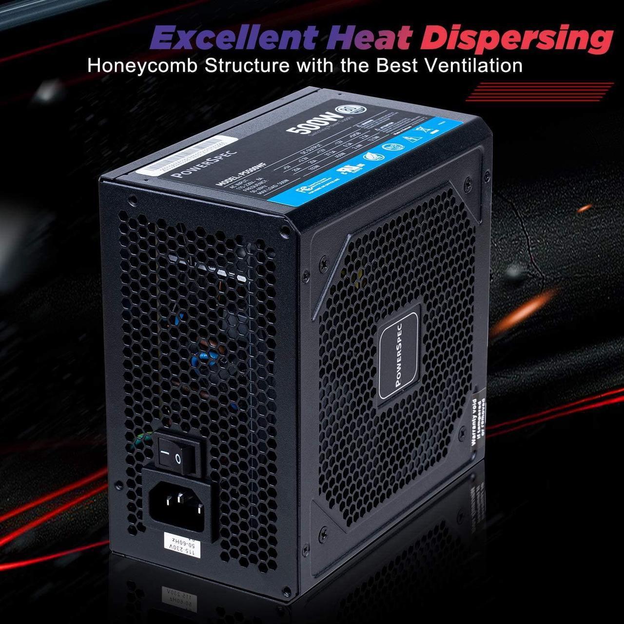 Alt view image 3 of 7 - PowerSpec 500W Power Supply 80 Plus Certified Fixed Cable Non-Modular ATX PSU Active PFC SLI Crossfire Ready Gaming PC Computer Switching Power Supply, PS500WF