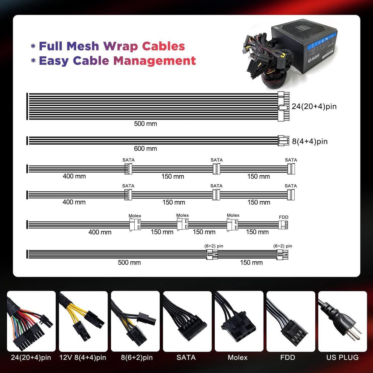 Alt view image 6 of 7 - PowerSpec 500W Power Supply 80 Plus Certified Fixed Cable Non-Modular ATX PSU Active PFC SLI Crossfire Ready Gaming PC Computer Switching Power Supply, PS500WF