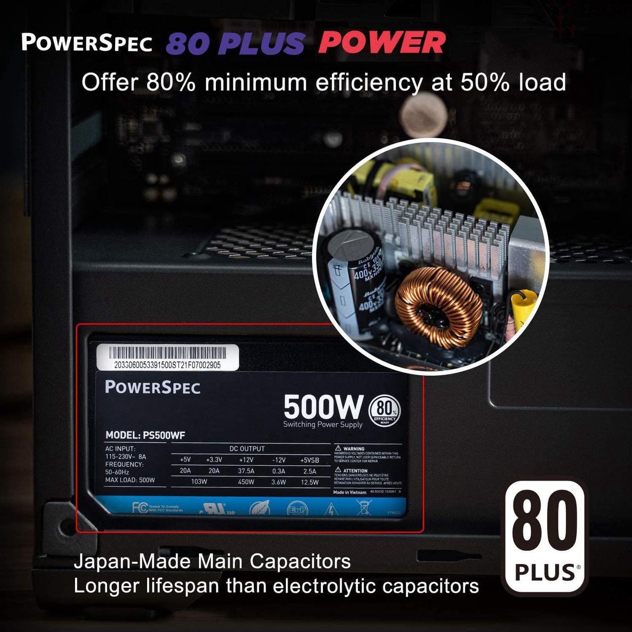 Alt view image 7 of 7 - PowerSpec 500W Power Supply 80 Plus Certified Fixed Cable Non-Modular ATX PSU Active PFC SLI Crossfire Ready Gaming PC Computer Switching Power Supply, PS500WF