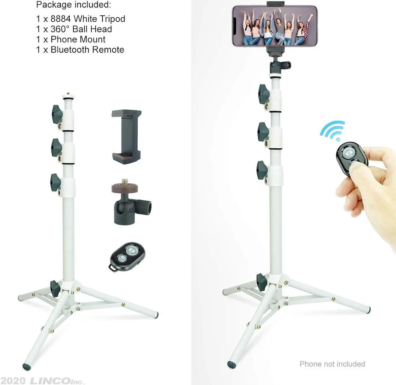 Alt view image 2 of 7 - Selfie Stick & Tripod LINCO, Integrated, Heavy Duty, Lightweight, Bluetooth Remote for Apple & Android Devices, Separable Tripod Feet, Extends to 50" (White)
