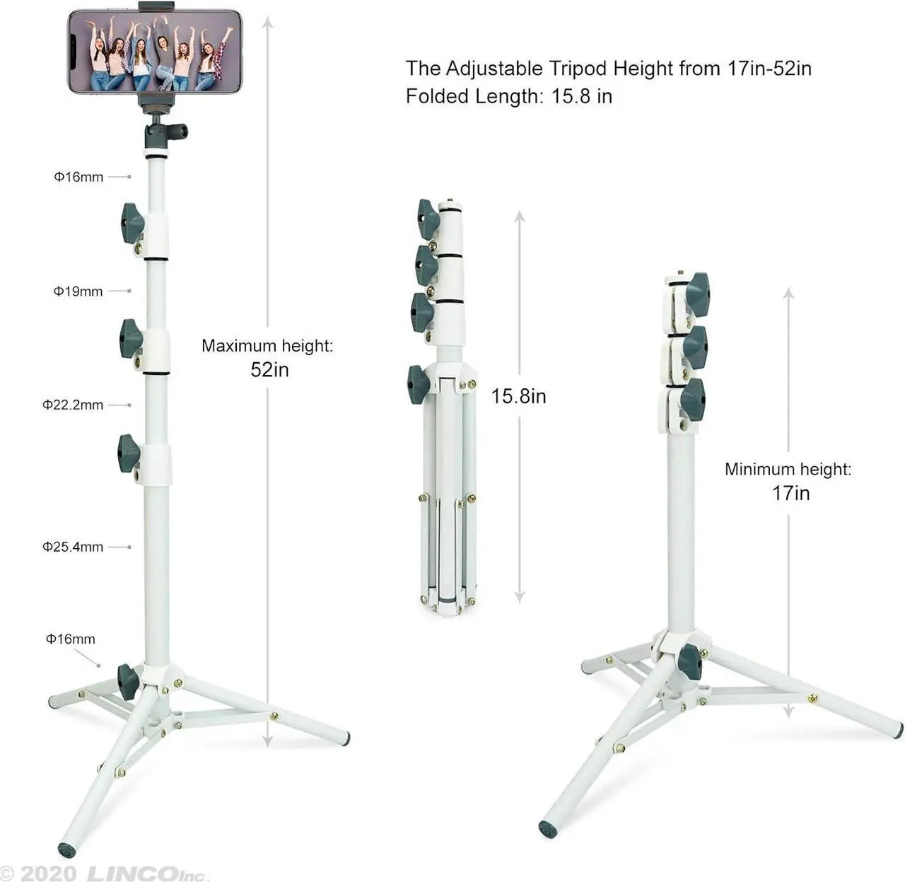 Alt view image 3 of 7 - Selfie Stick & Tripod LINCO, Integrated, Heavy Duty, Lightweight, Bluetooth Remote for Apple & Android Devices, Separable Tripod Feet, Extends to 50" (White)