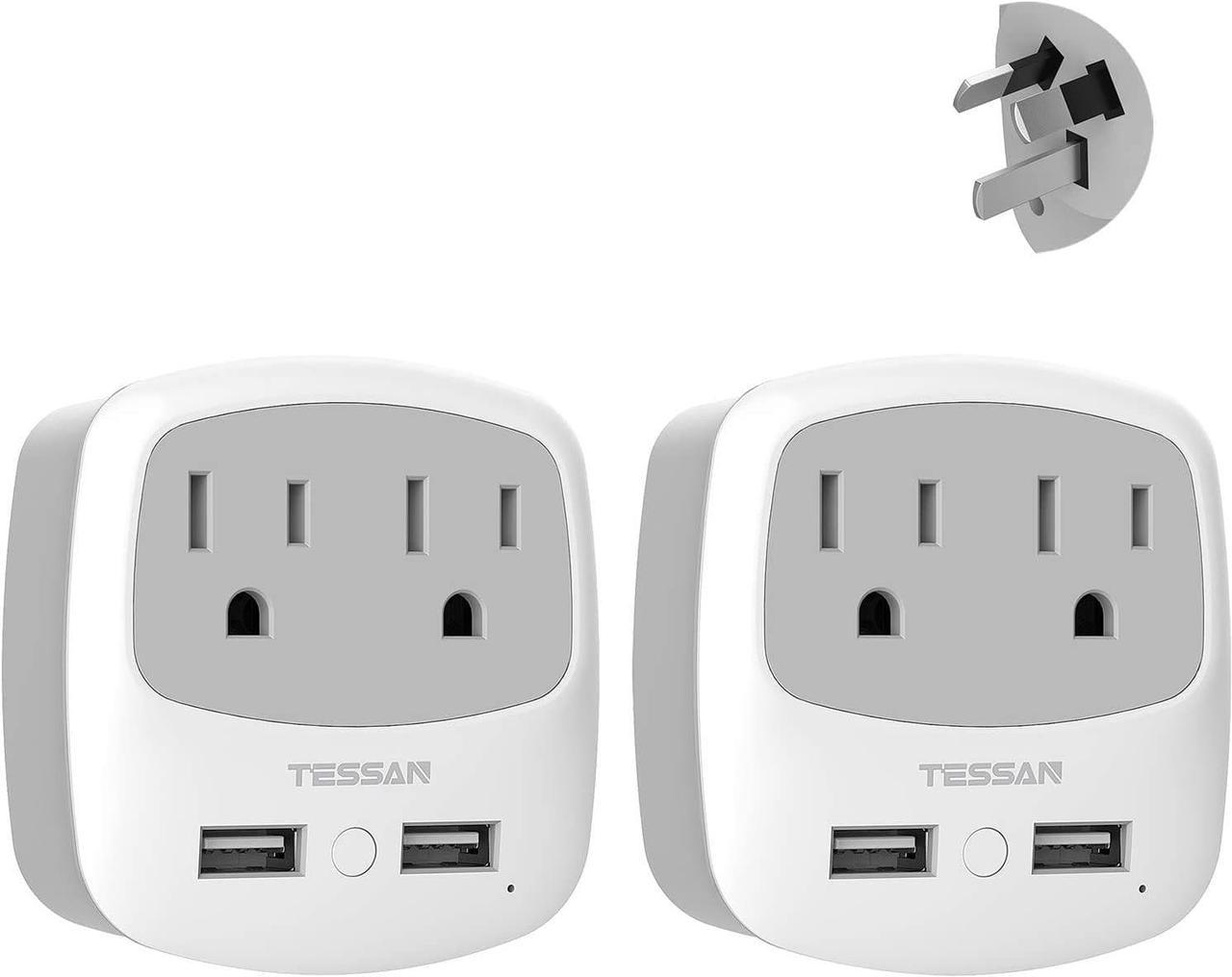 2 Pack China Australia New Zealand Travel Power Plug Adapter, TESSAN Type I International Power Adaptor with 2 Outlets 2 USB Charging Ports, Outlet Extender for Canada/USA to AU Fiji Argentina