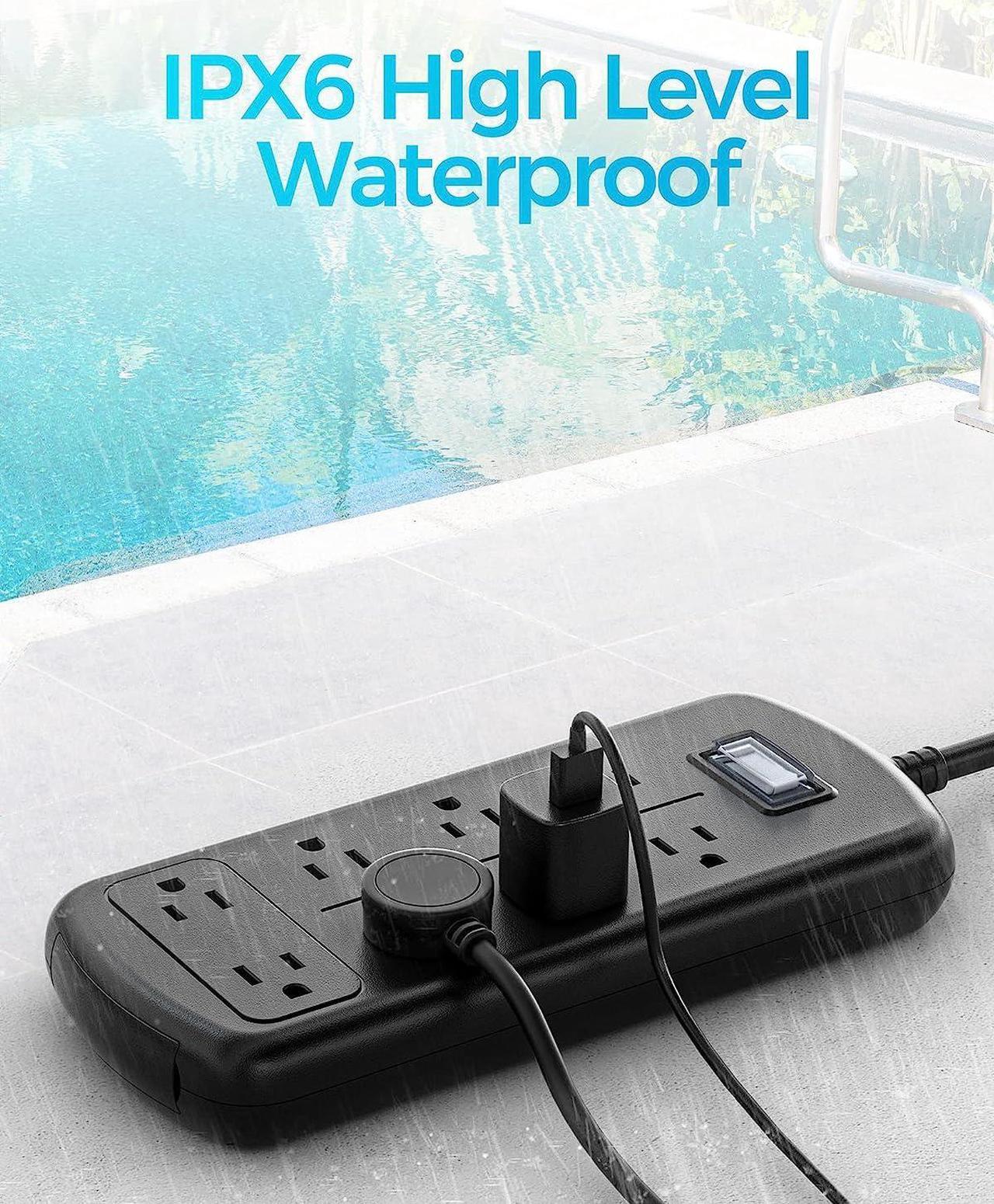 Alt view image 3 of 7 - EIGSO Outdoor Power Strip Weatherproof, IPX6 Grade Waterproof Surge Protector with 8 Wide Outlets, Anti-Electric Shock, 6 FT Heavy Duty Extension Cord for Outdoor Patio Garden, Black