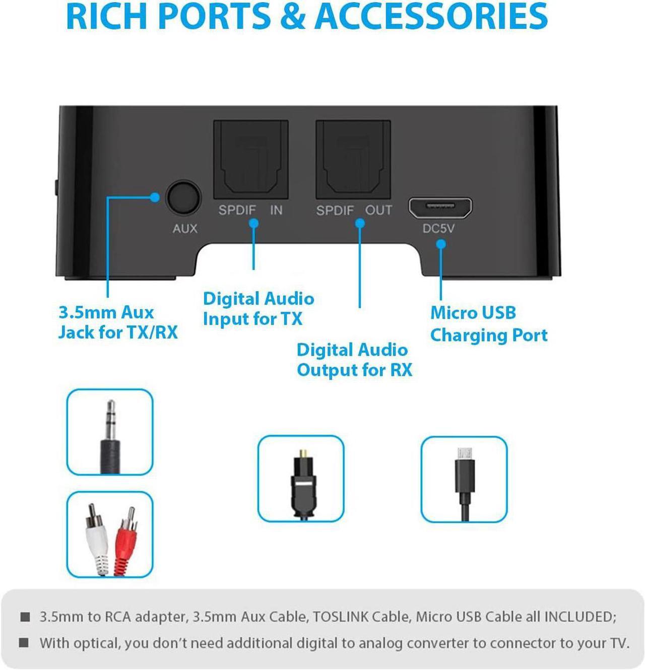 Alt view image 3 of 6 - TROND TV Bluetooth V5.0 Transmitter and Receiver - Digital Optical TOSLINK and 3.5mm Wireless Audio Adapter (AptX Low Latency for Both TX and RX, Pair with 2 Devices Simultaneously)
