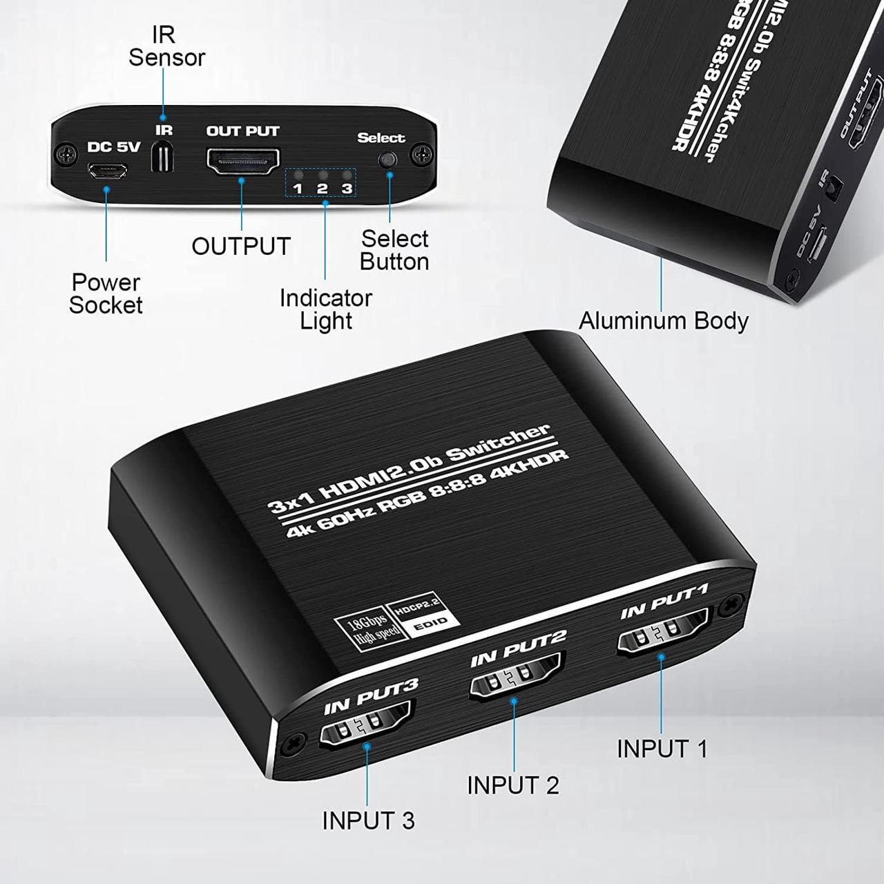 Alt view image 7 of 7 - NEWCARE HDMI 2.0b Switch 3 in 1 Out with High Speed 3.9 FT HDMI Cable, 3x1 HDMI Selector Switch with Remote,Support UHD 4K@60Hz Ultra HD 3D 1080P, HDCP 2.2 HDR,18.5Gbps HDMI Switcher