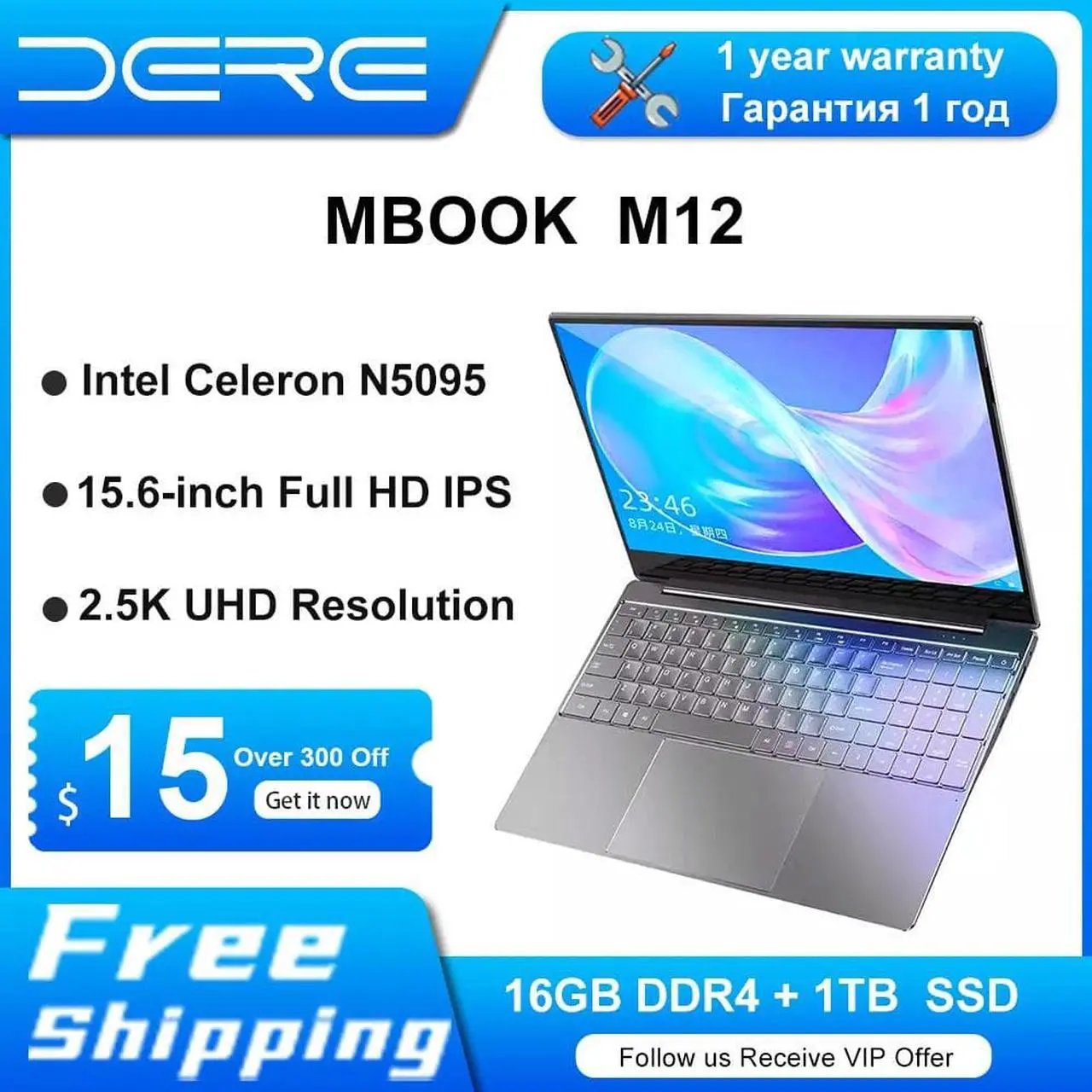 Alt view image 2 of 6 - Dere Laptop M12 15.6" 16GB RAM 1TB SSD IPS 2.5K Full HD Screen Intel Celeron N5095 With Backlit Keyboard Windows 11 Notebook PC Red 512 GB 16GB