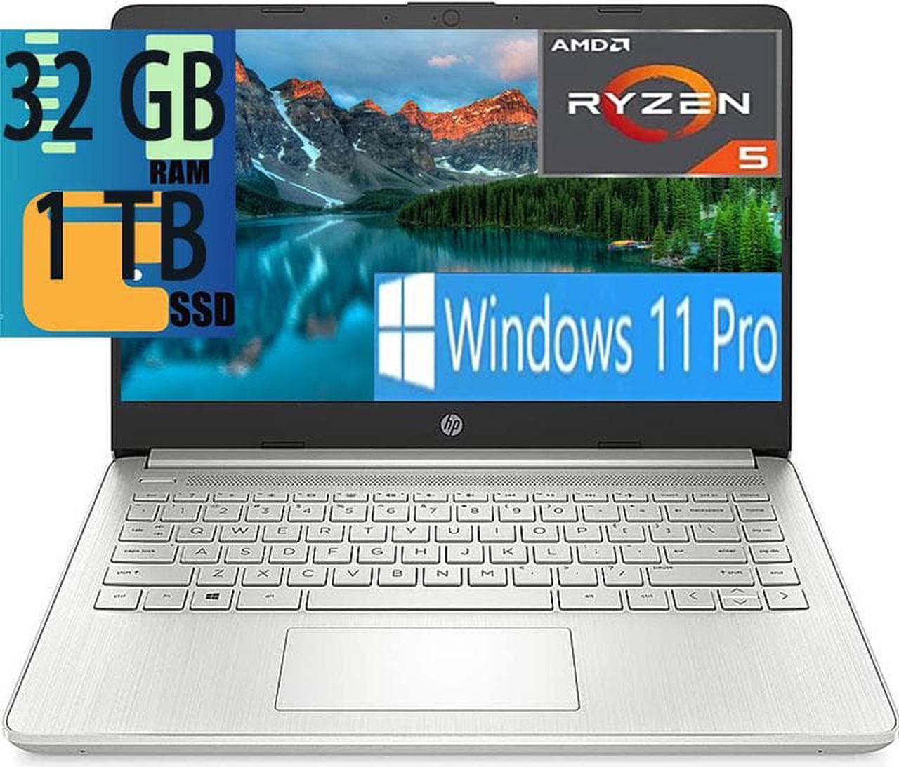 HP 14 Laptop, AMD Ryzen5 5500U 6-Cores Processor, AMD Radeon Graphics, 32GB DDR4  1TB PCIe SSD, 14-inch Full HD Display, WiFi, USB, Bluetooth, HDMI, Webcam, Long Battery Life, Silver, Windows 11 Pro