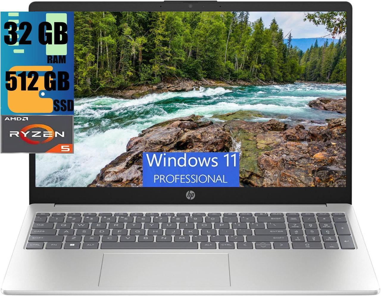 HP 15.6 Laptop, 15.6" FHD (1920 x 1080) Display, AMD Ryzen 5 7520U 4-Core Processor, AMD Radeon Graphics, 32GB DDR4  512GB PCIe SSD, Wi-Fi 6, Bluetooth 5.3, HD Camera, Windows 11 Pro