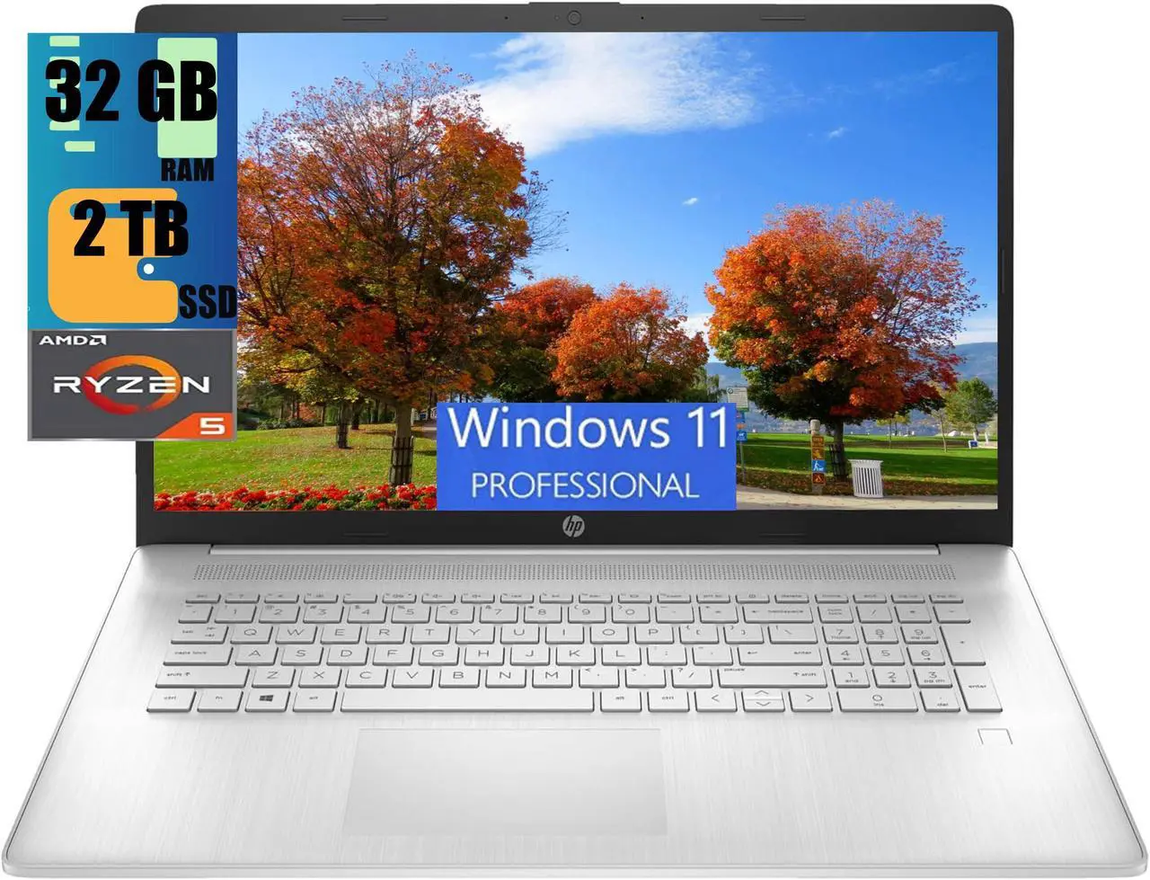 Main image of HP 17 Laptop, 17.3" FHD (1920 x 1080) Display, AMD Ryzen 5 5500U 6 Cores Processor, AMD Radeon Graphics, 32GB DDR4  2TB PCIe SSD, Webcam, HDMI, Fingerprint Reader, Wi-Fi, Windows 11 Pro