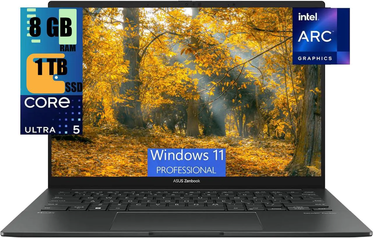 Main image of ASUS Zenbook 14 OLED Laptop, 14" FHD+ (1920x1200) Touchscreen, Intel 14-core Ultra 5 125H Processor, Intel Arc graphics, 8GB DDR4 1TB PCIe SSD, Backlit Thunderbolt Harman/kardon, Windows 11 Pro