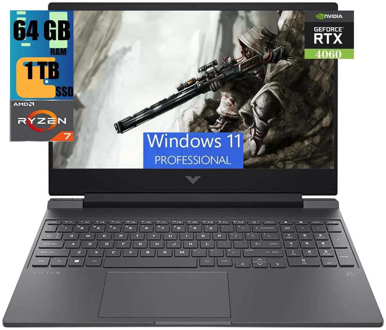 Main image of HP Victus 15 Gaming Laptop, 15.6" Full HD 144Hz Display, AMD Ryzen 7 8845HS 8 Core Processor, NVIDIA GeForce RTX 4060 8GB GDDR6, 64GB DDR5  1TB PCIe SSD, Wi-Fi 6E +Bluetooth 5.3, Windows 11 Pro