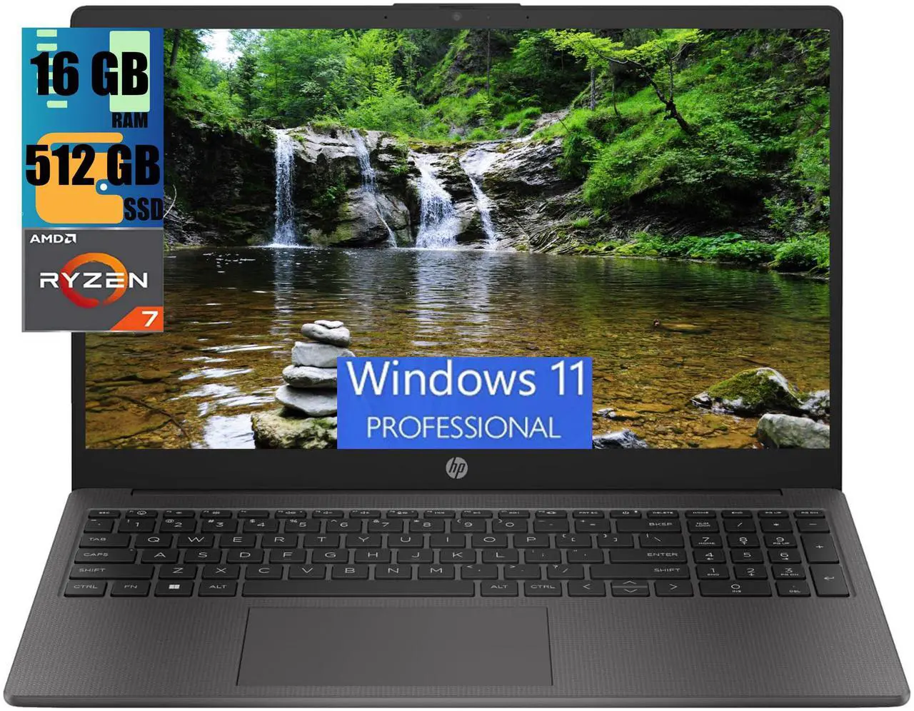 Main image of HP 255 G10 15 Laptop, 15.6" FHD (1920 x 1080) Display, AMD Ryzen 7 7730U 8 Cores Processor, AMD Radeon Graphics, 16GB DDR4  512GB PCIe SSD, Numeric Keypad, Webcam, Wi-Fi 6, Windows 11 Pro