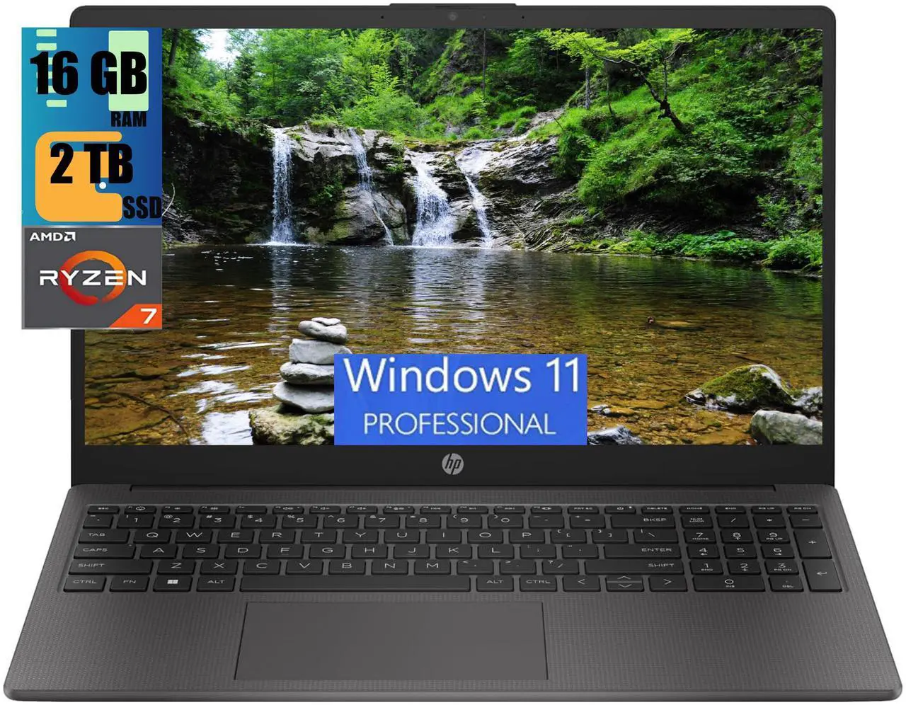 Main image of HP 255 G10 15 Laptop, 15.6" FHD (1920 x 1080) Display, AMD Ryzen 7 7730U 8 Cores Processor, AMD Radeon Graphics, 16GB DDR4  2TB PCIe SSD, Numeric Keypad, Webcam, Wi-Fi 6, Windows 11 Pro