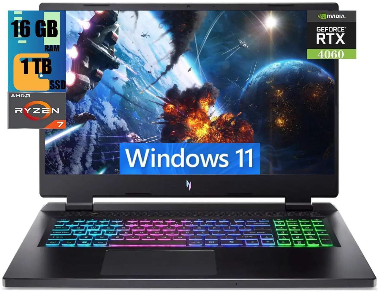 Main image of Acer Nitro 17 Gaming Laptop, 17.3" Full HD 165Hz Display, AMD Ryzen 7 8845HS 8 cores processor, GeForce RTX 4060 8GB GDDR6, 16GB DDR5  1TB PCIe SSD, RGB Backlit, Bluetooth 5.3, Windows 11