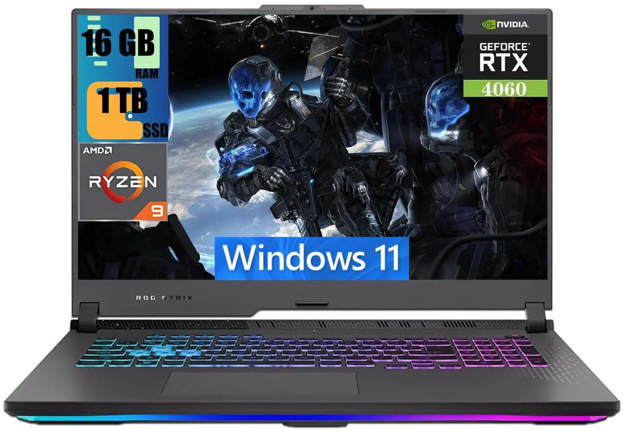Main image of ASUS ROG Strix G17 Gaming Laptop, 17.3" FHD (1920 x 1080) Display, AMD Ryzen 9 7845HX 12-Core Processor, NVIDIA GeForce RTX 4060 8GB GDDR6, 16GB DDR5  1TB PCIe SSD, RGB Backlit KB, Windows 11