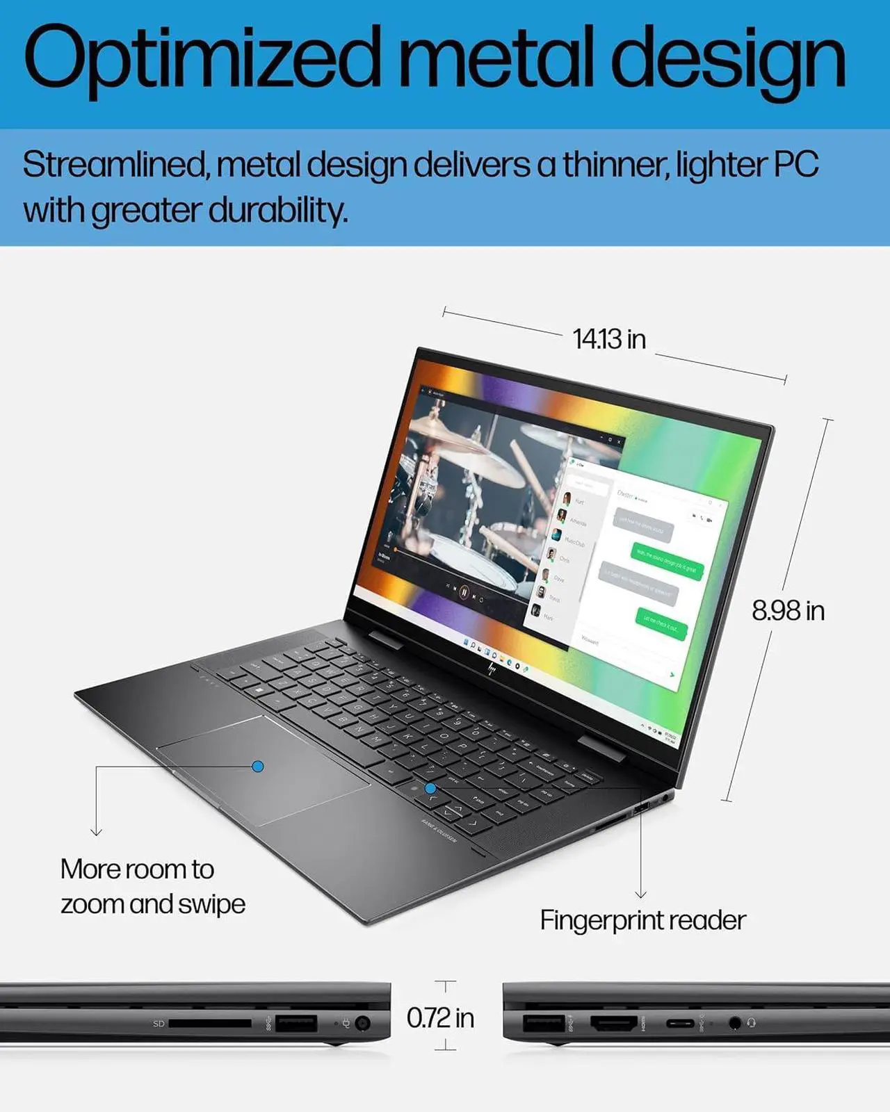 Alt view image 6 of 7 - HP ENVY x360 15 Laptop, 15.6" FHD Touchscreen, AMD Ryzen 7 5825U Octa-Core processor, AMD Radeon Graphics, 32GB DDR4  1TB PCIe SSD, USB-C HDMI Fingerprint, Windows 11 Pro