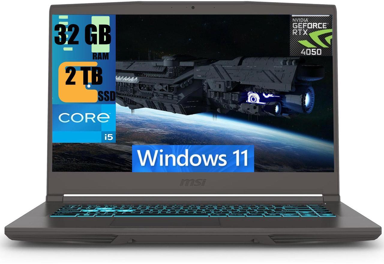 Main image of MSI Thin 15 Gaming Laptop, 15.6" FHD 144Hz Display, Intel Core i5-13420H 8-core Processor, NVIDIA GeForce RTX 4050 6GB, 32GB DDR5  2TB PCIe SSD, WiFi 6, Backlit Keyboard, Cooler Boost, Windows 11