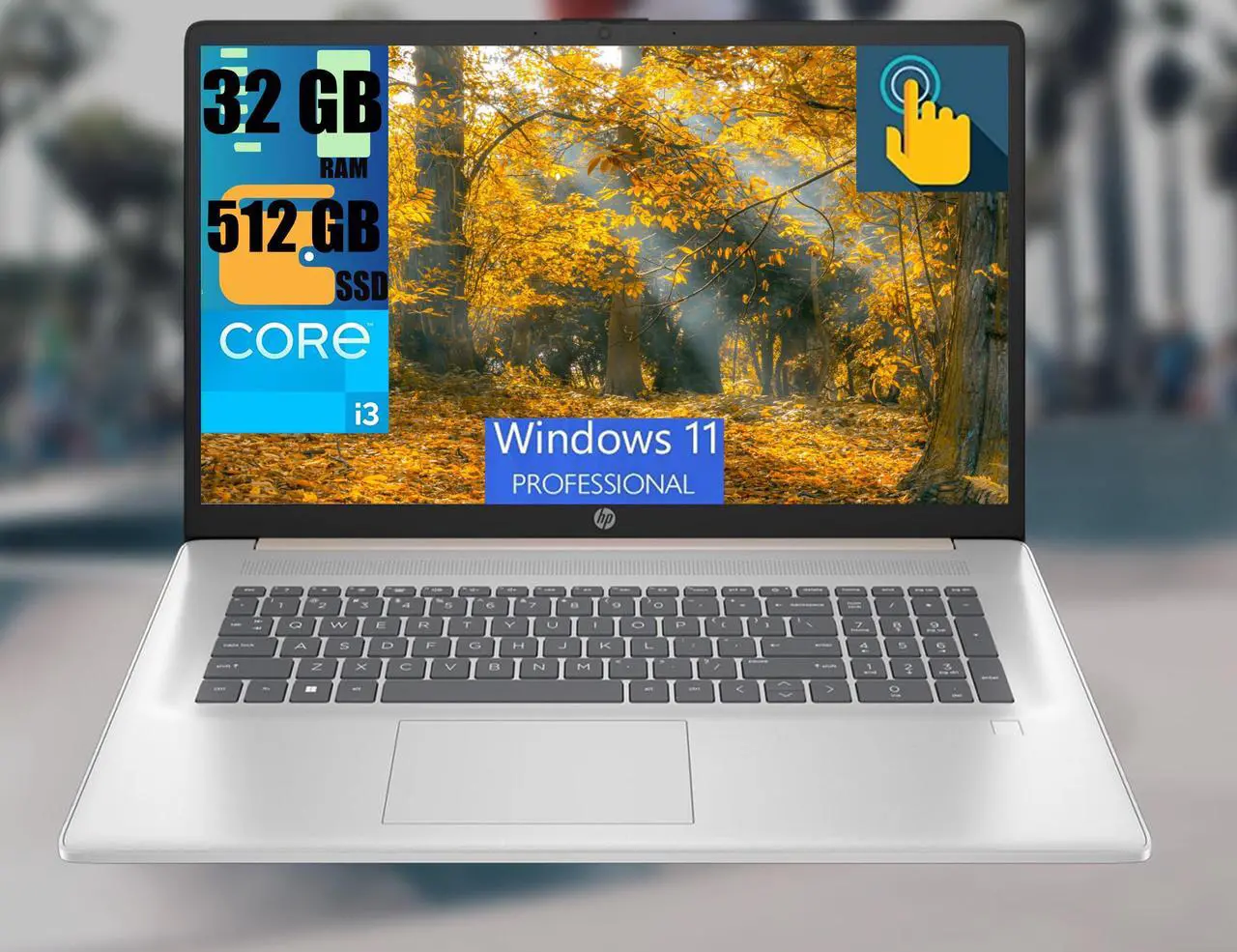 Main image of HP 17 Laptop, 17.3" HD+ (1600 x 900) Touchscreen, Intel Core i3-N305 8 Cores Processor, Intel UHD Graphics, 32GB DDR4  512GB PCIe SSD, Fingerprint Reader, Wi-Fi 6, Windows 11 Pro