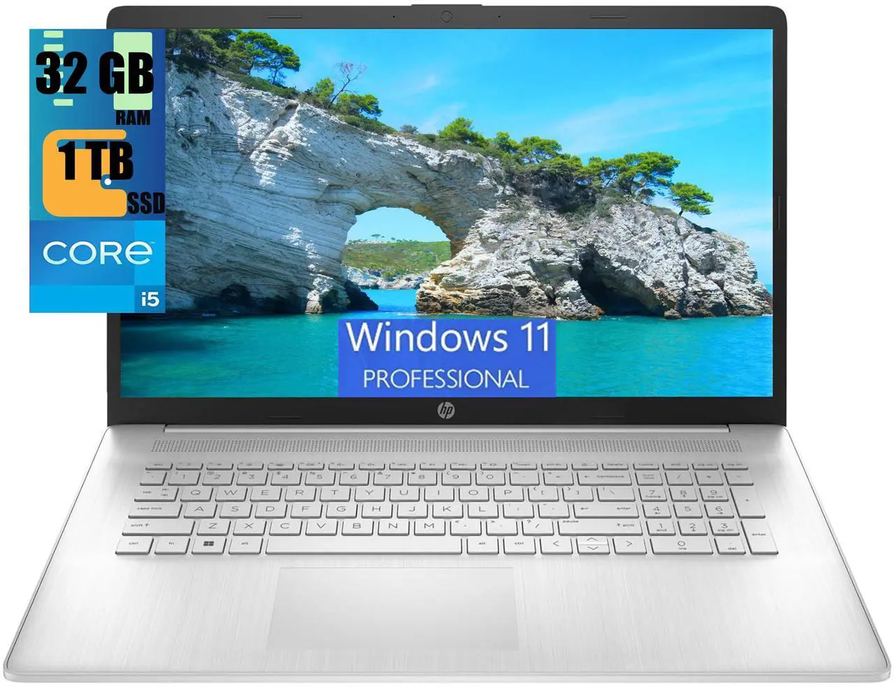 Main image of HP 17 Laptop, 17.3" HD+ Touchscreen, Intel Core i5-1334U 10 Cores Processor, Intel Iris Xe Graphics, 32GB DDR4  1TB PCIe SSD, Webcam, HDMI, FP Reader, Backlit KB, Wi-Fi 6, Windows 11 Pro