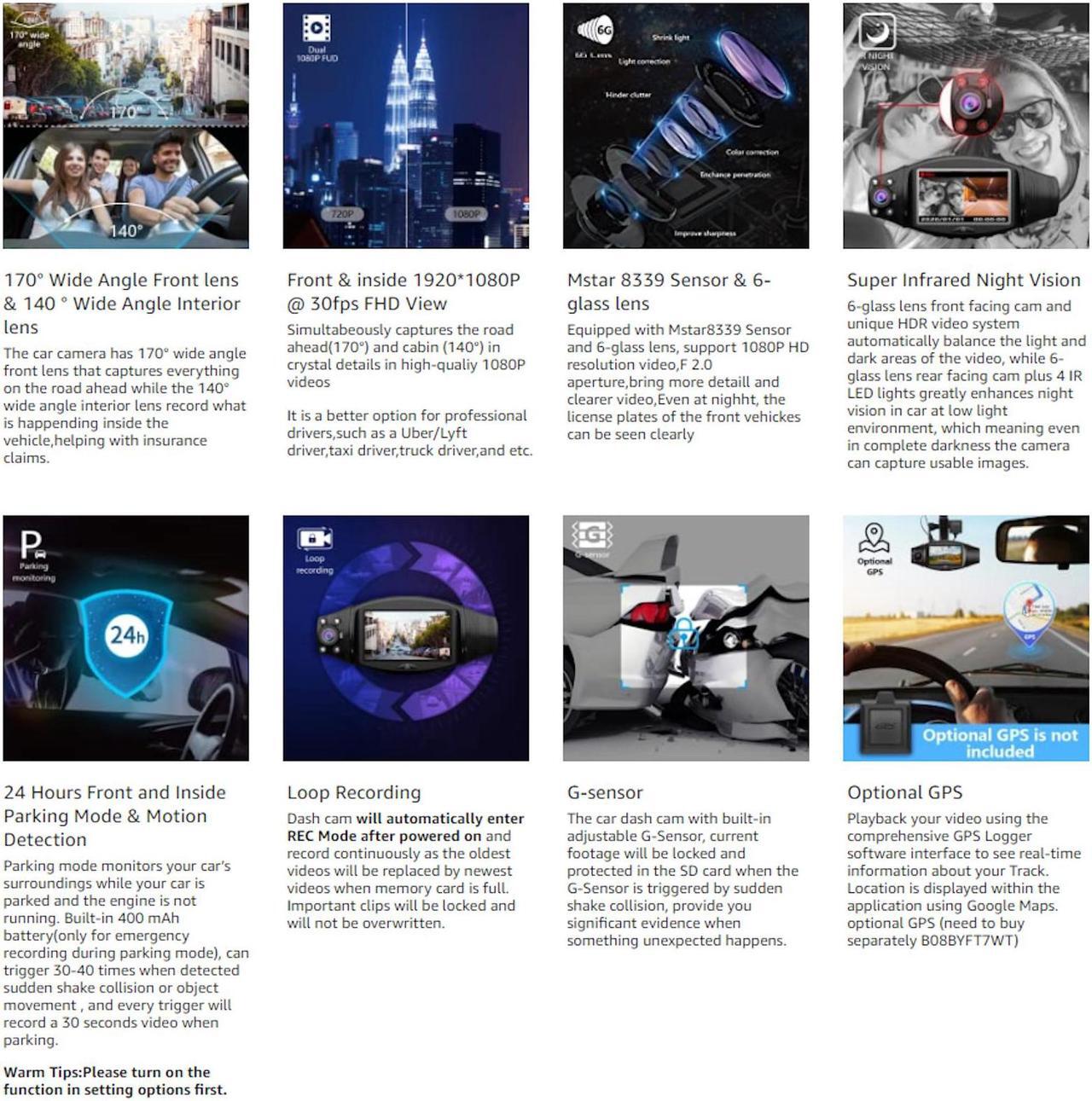 Alt view image 7 of 7 - MANOVELL Dual Dash Cam With IR Night Vision FHD 1080P Front and 1080P Inside Cabin Dash Camera Wide Angle Lens G-Sensor