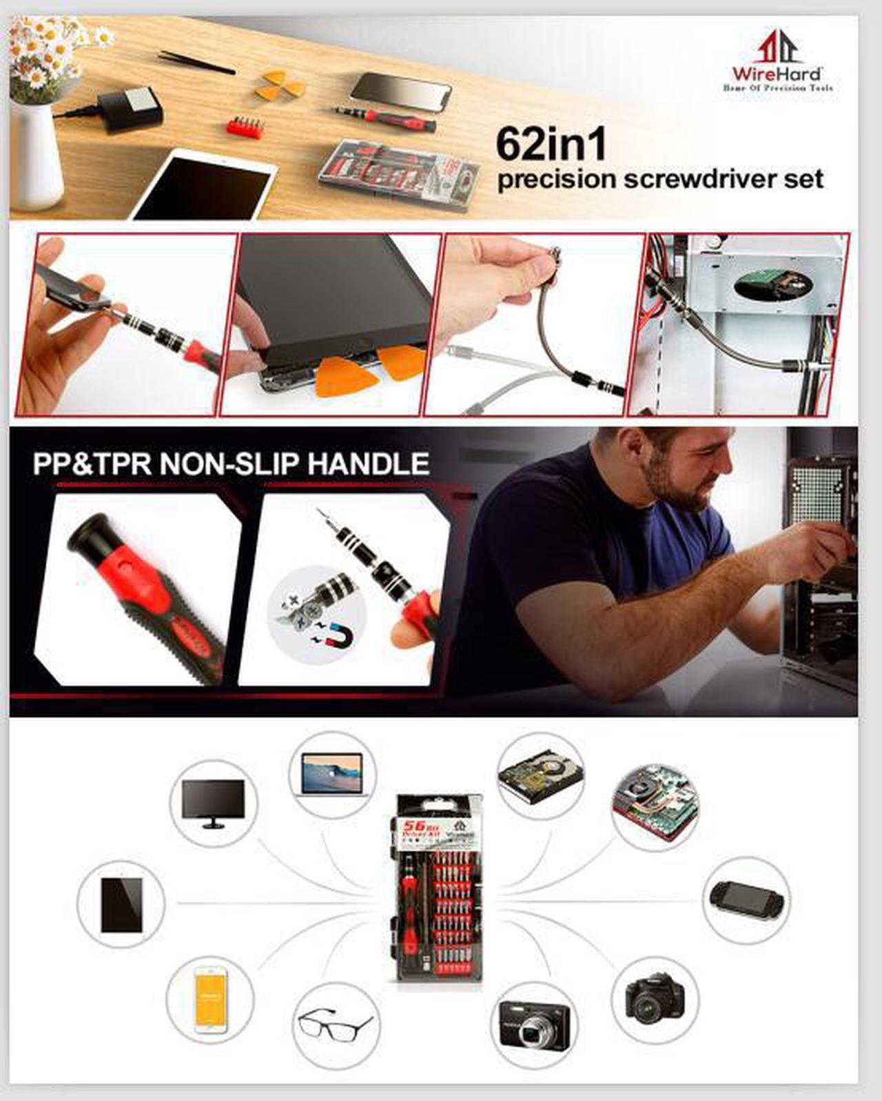 Alt view image 7 of 8 - WIREHARD 62 in 1 Precision Screwdriver Set Repair Tool Kit - Magnetic Steel Specialty Bits for All iPhone and Smartphone Models, MacBook, Desktop Laptop Computer, Xbox, PlayStation, Electronics, Toys - OEM