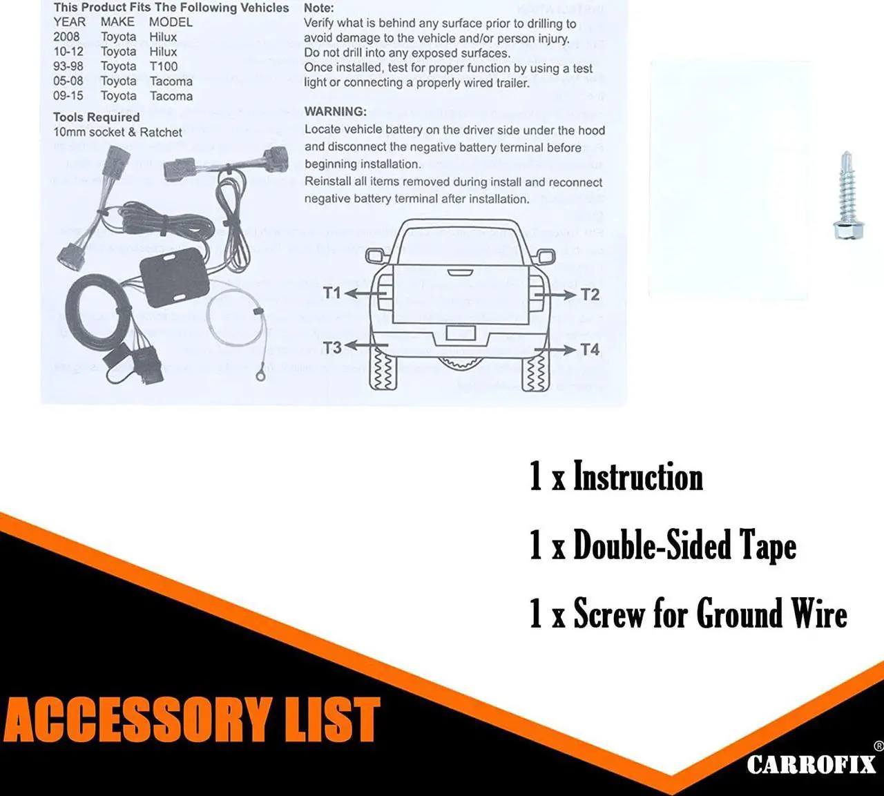 Alt view image 4 of 6 - CARROFIX Vehicle-Side Custom Fit T-Connector Wiring Harness Kit with 4 Pin Flat Trailer Connector for Toyota Tacoma